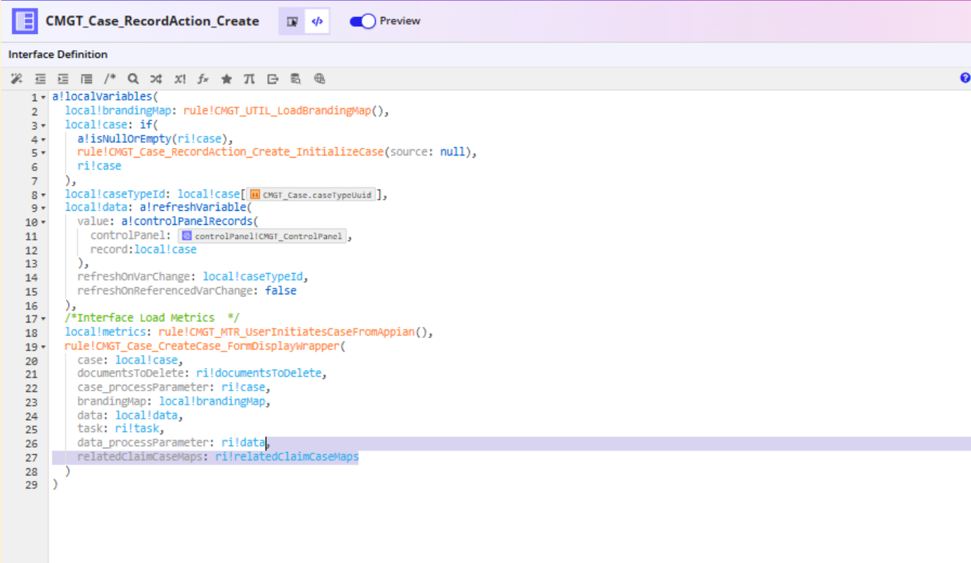 The relatedClaimCaseMaps rule input passed to CMGT_Case_CreateCase_FormDisplayWrapper