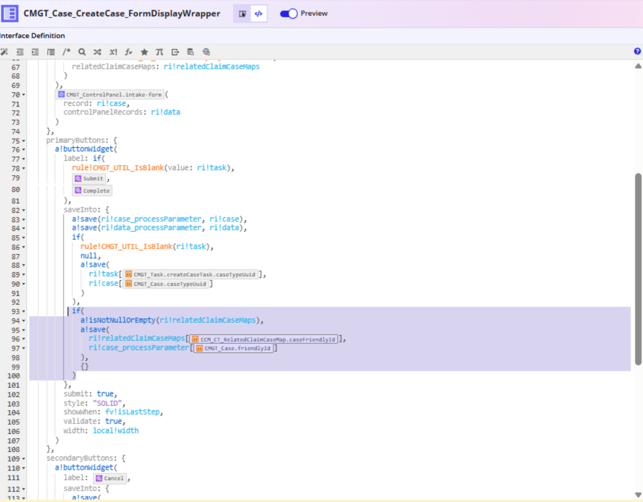The save configuration added to the Submit button in CMGT_Case_CreateCase_FormDisplayWrapper