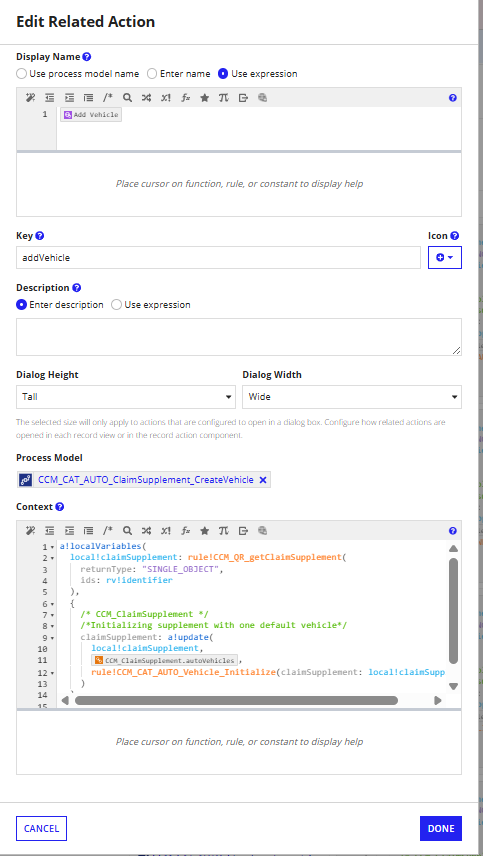 Configured related actions for vehicle supplements