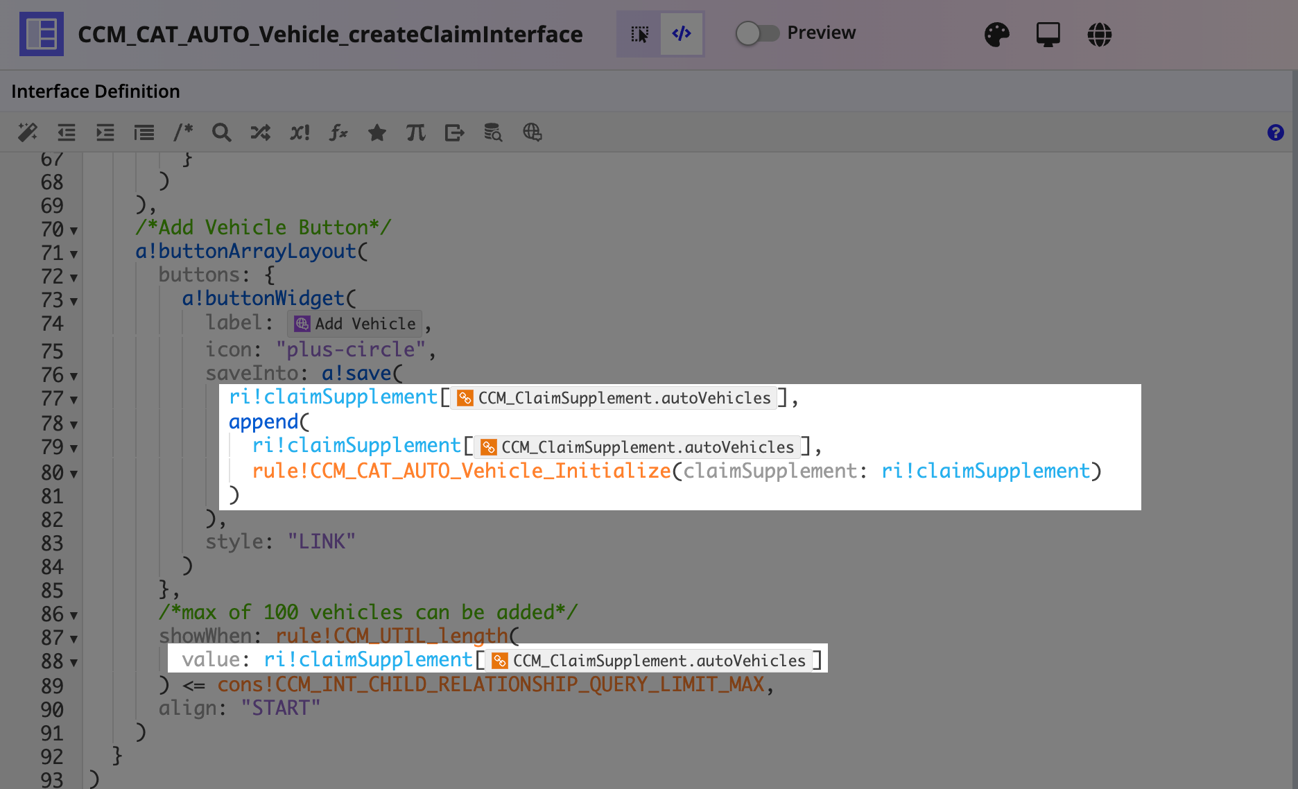 Vehicle interface rule with relationship reference