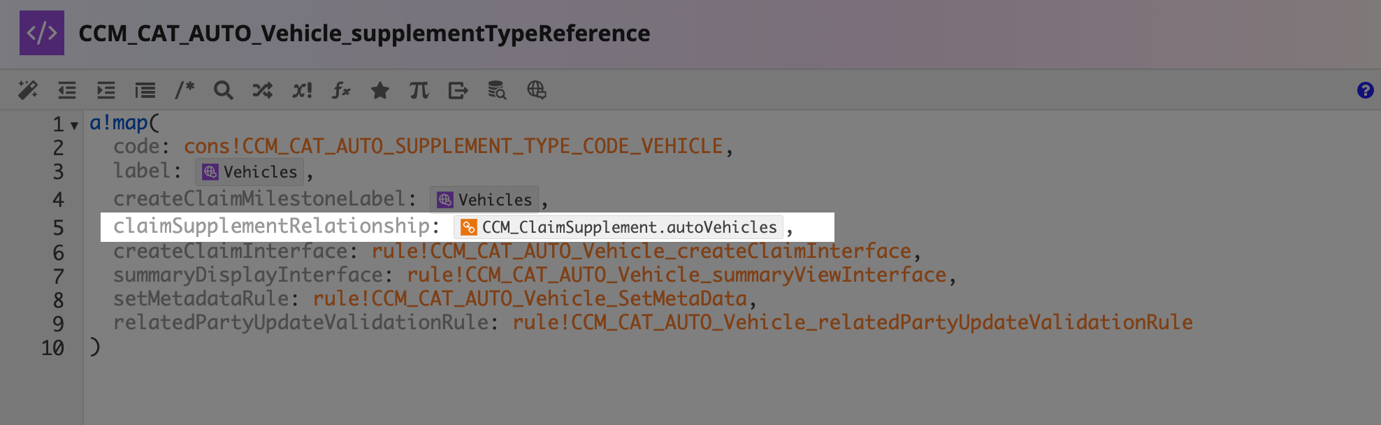 Vehicle supplement type reference with relationship mapping