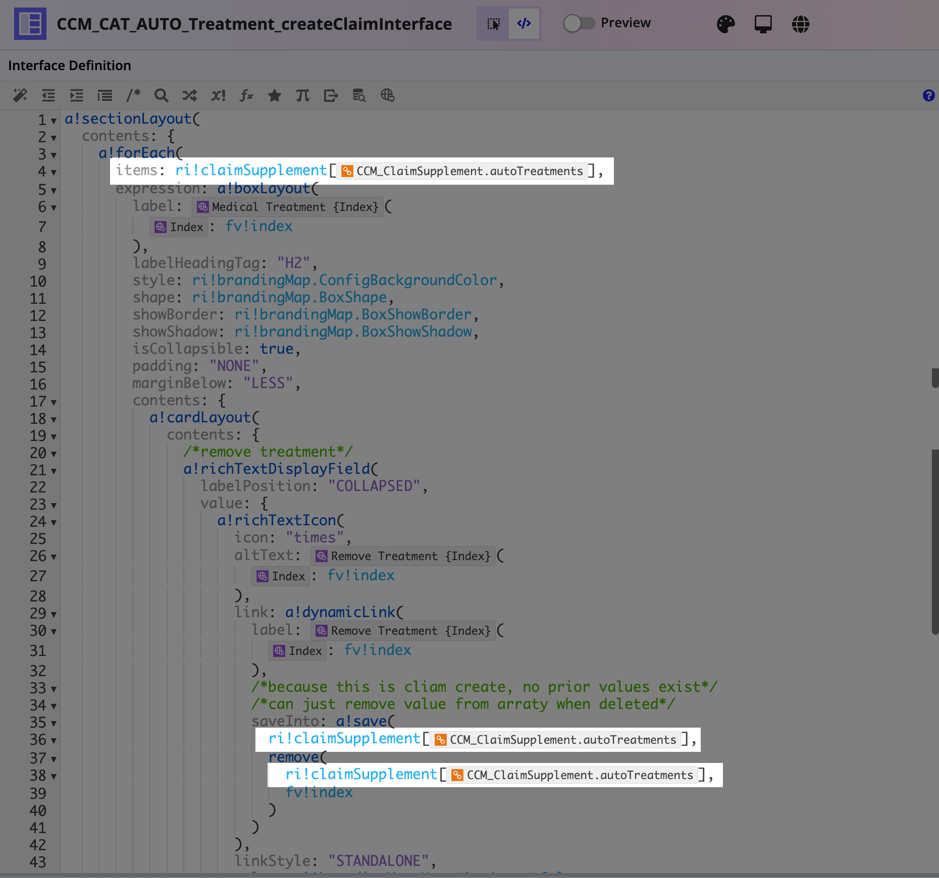 Treatment create claim interface with autoTreatments mapping