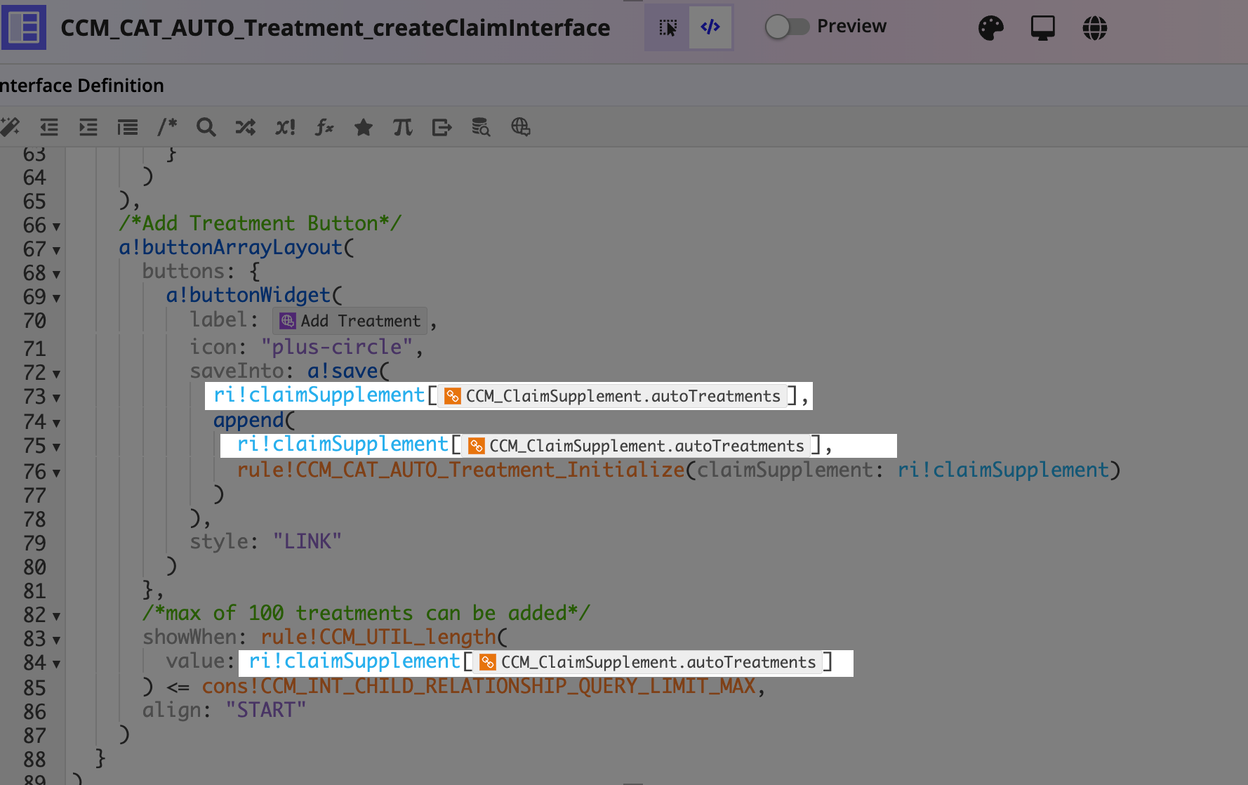 Treatment interface rule with relationship reference