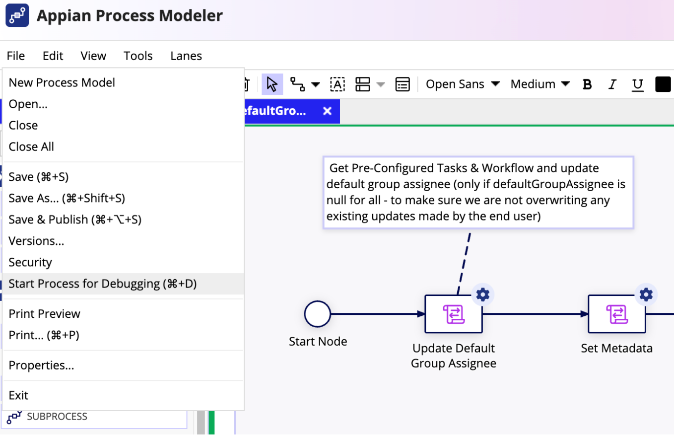 The CCM_CAT_LIFE_PostDeployment_UpdateDefaultGroupAssignee process model with Start Process for Debugging selected from the File menu