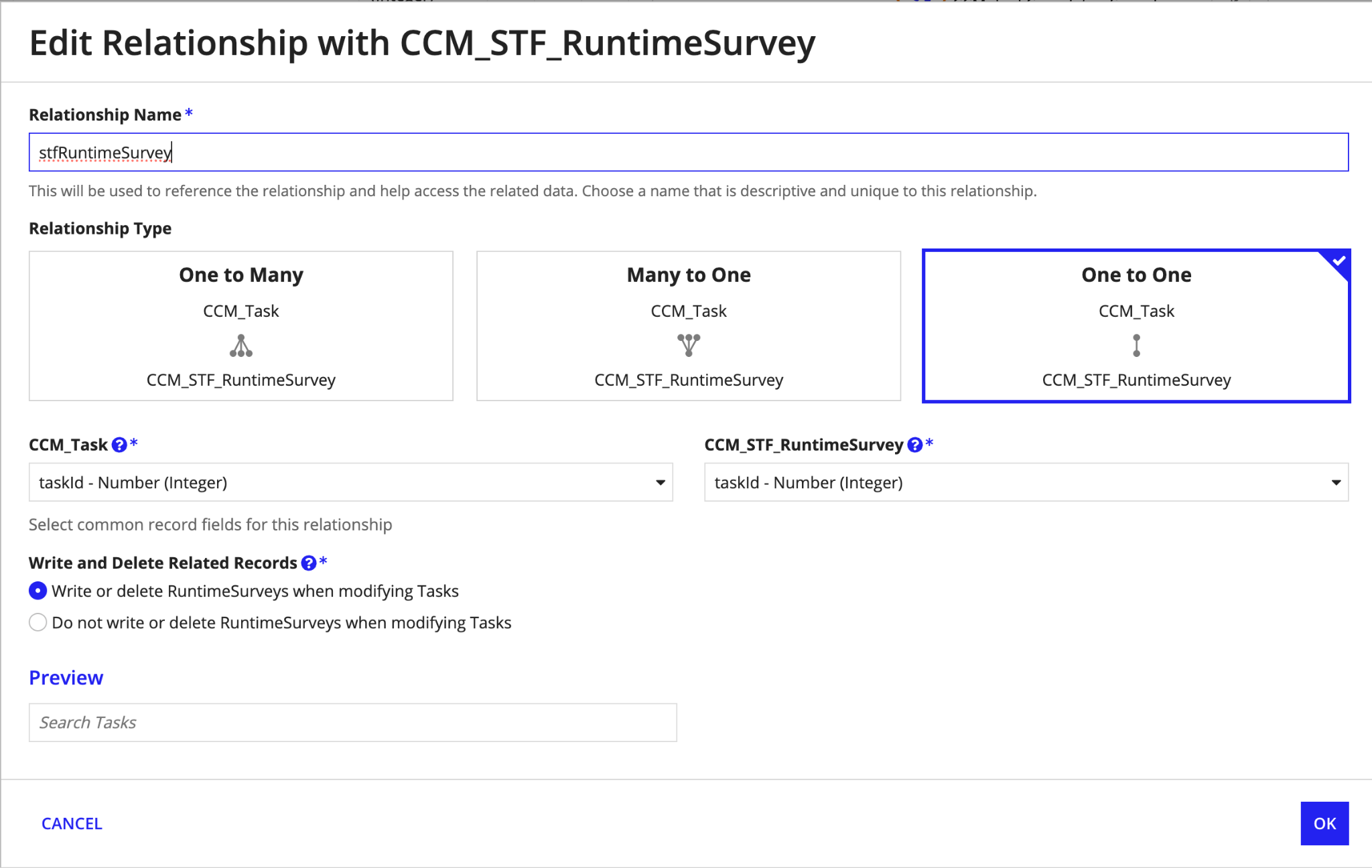 The Edit Relationship with CCM_STF_RuntimeSurvey dialog, with the stfRuntimeSurvey relationship name, the One to One relationship type, the taskId fields, and the write and delete option selected