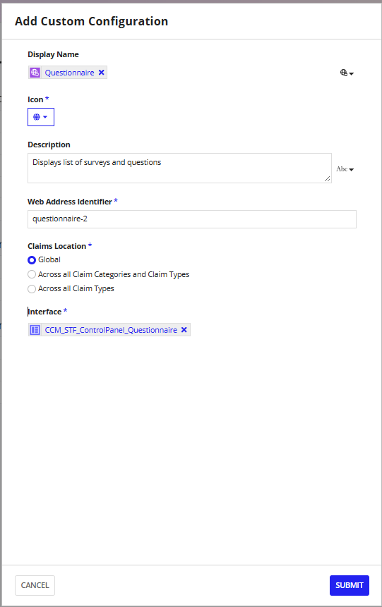 Questionnaire custom configuration in the CCM_ControlPanel object