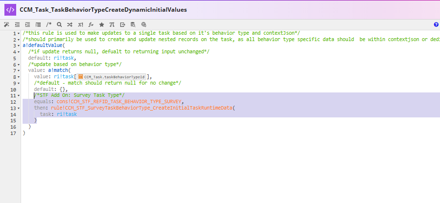 The CCM_Task_TaskBehaviorTypeCreateDynamicInitialValues expression rule with the Survey task type code added to the a!match function