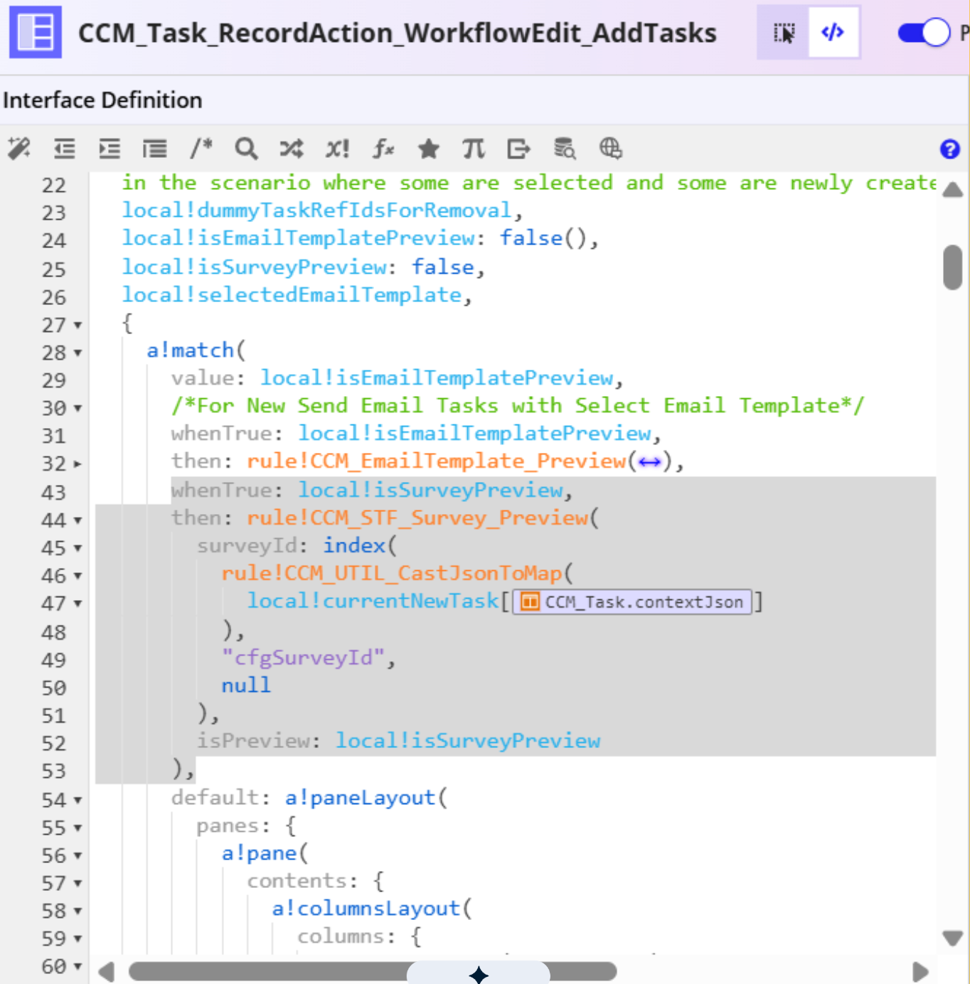 The CCM_Task_RecordAction_WorkflowEdit_AddTasks interface with the Survey preview condition added to the a!match function