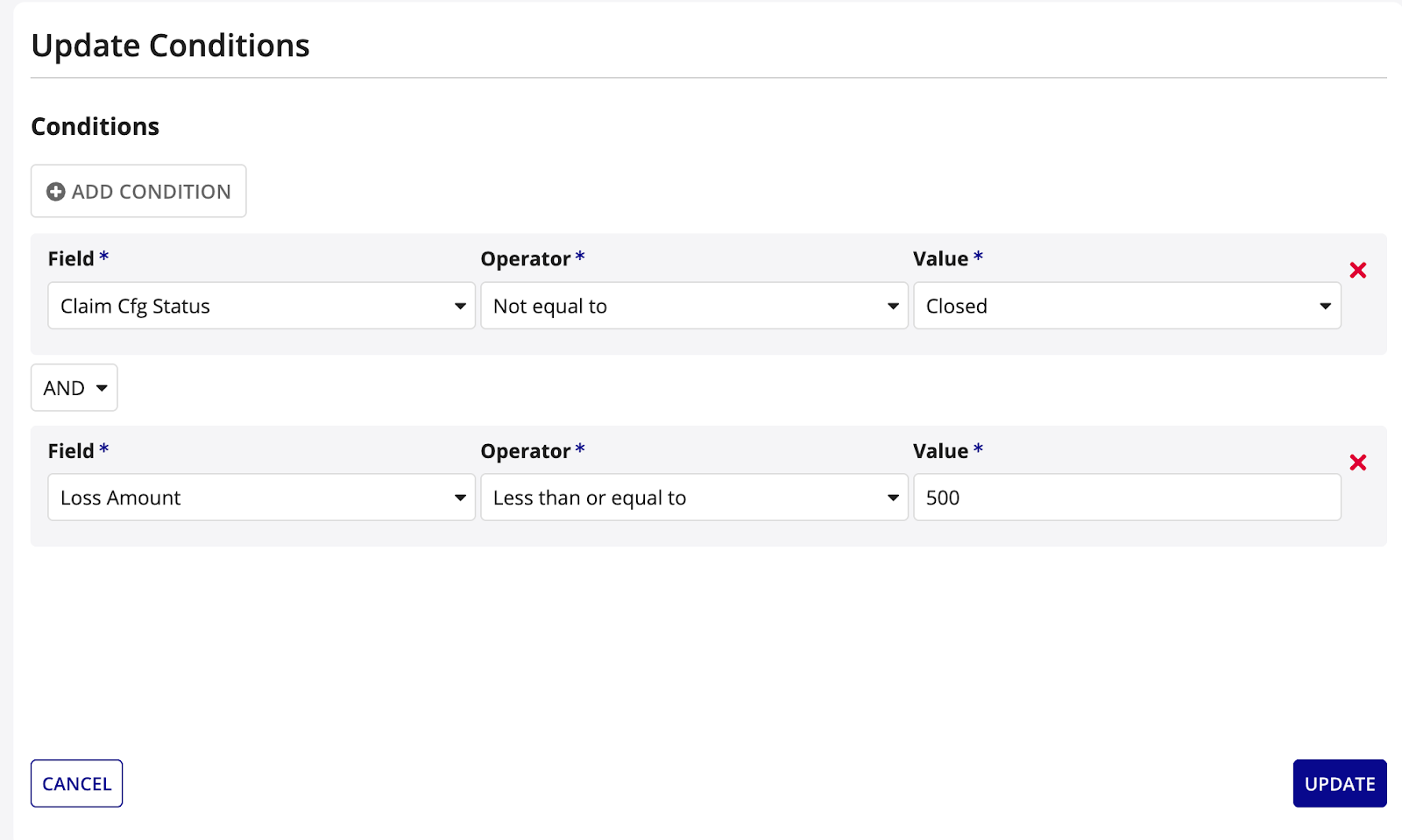 Automation conditions configuration for claim validation