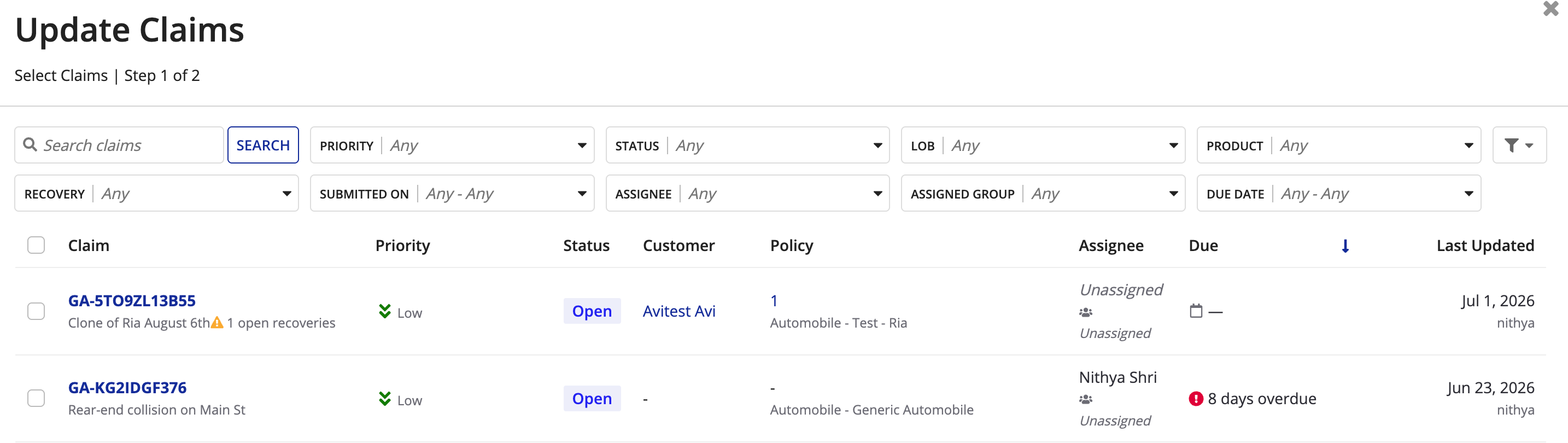 Workspace Claims Page Bulk Update