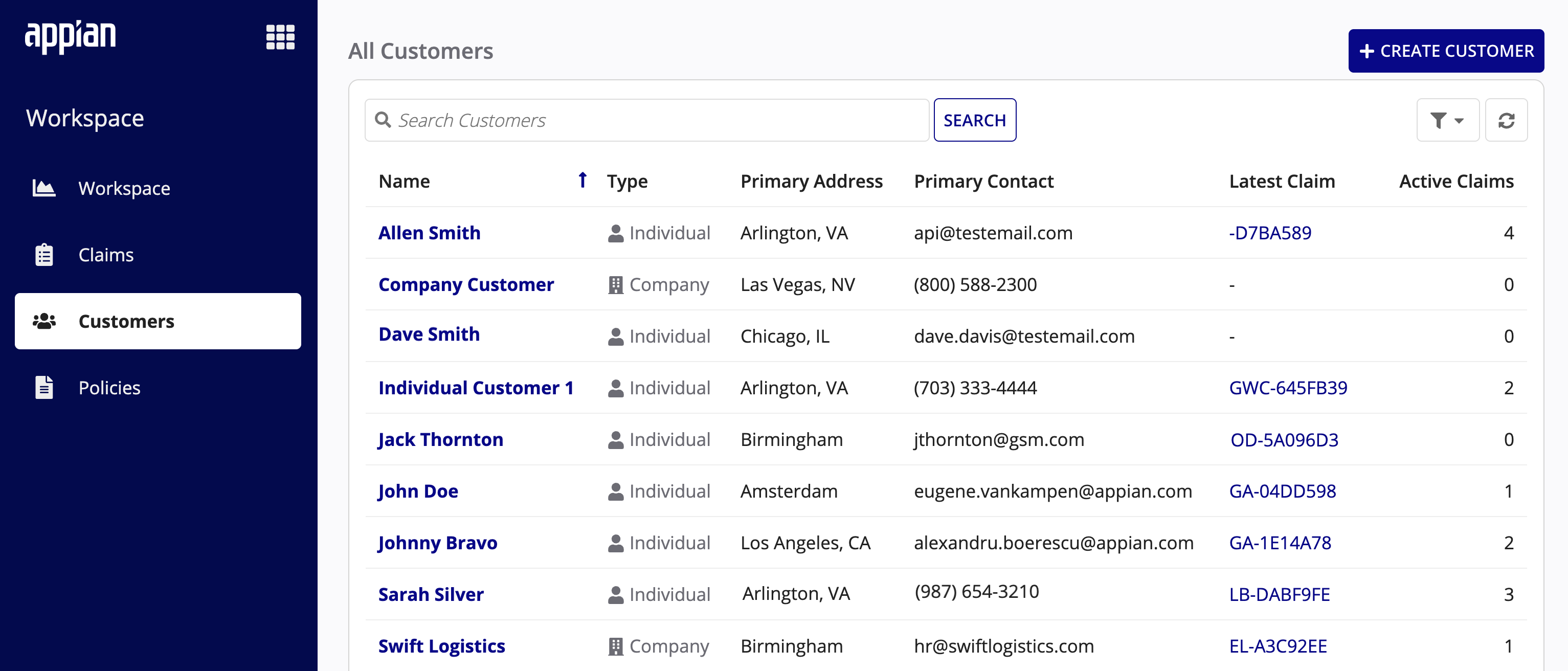Workspace Customers Page