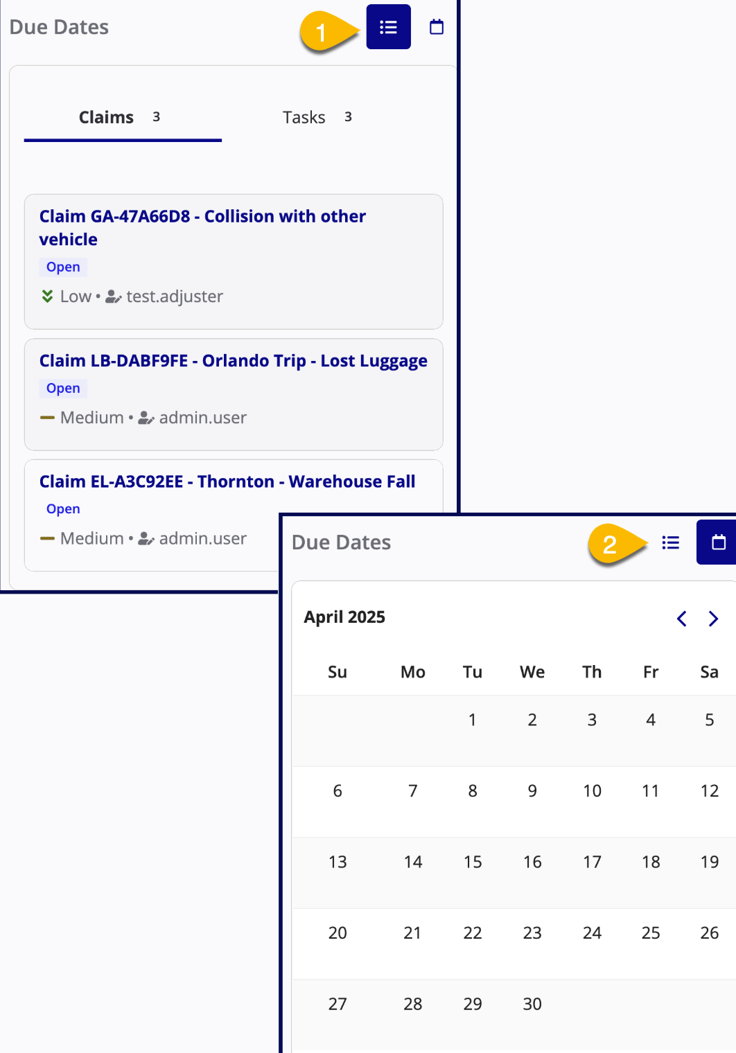 The Due Dates section in list view (1) and calendar view (2)