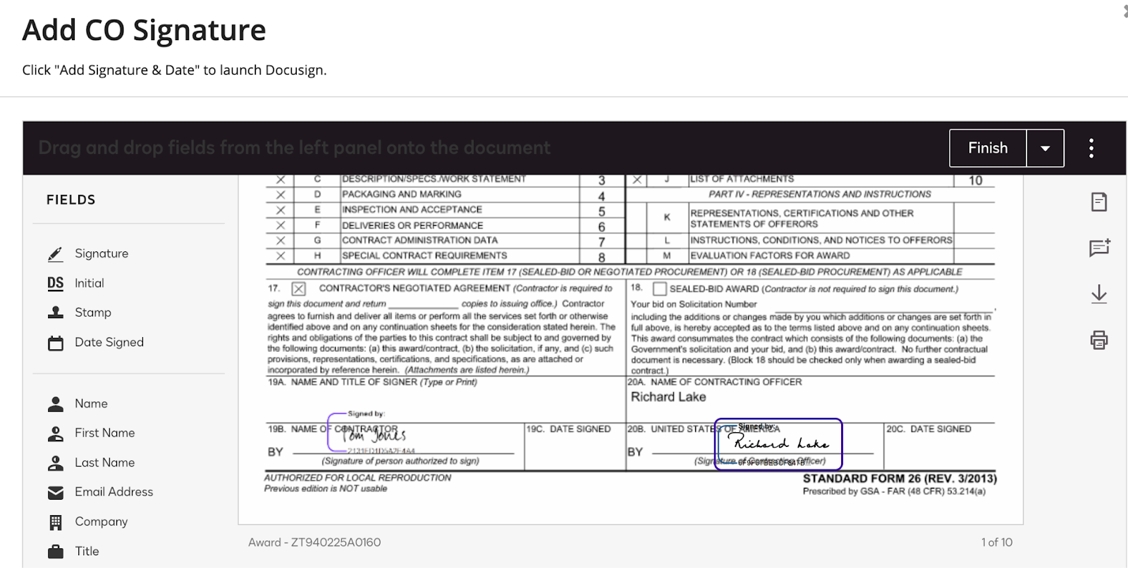 DocuSign e-signature interface embedded within Contract Writing