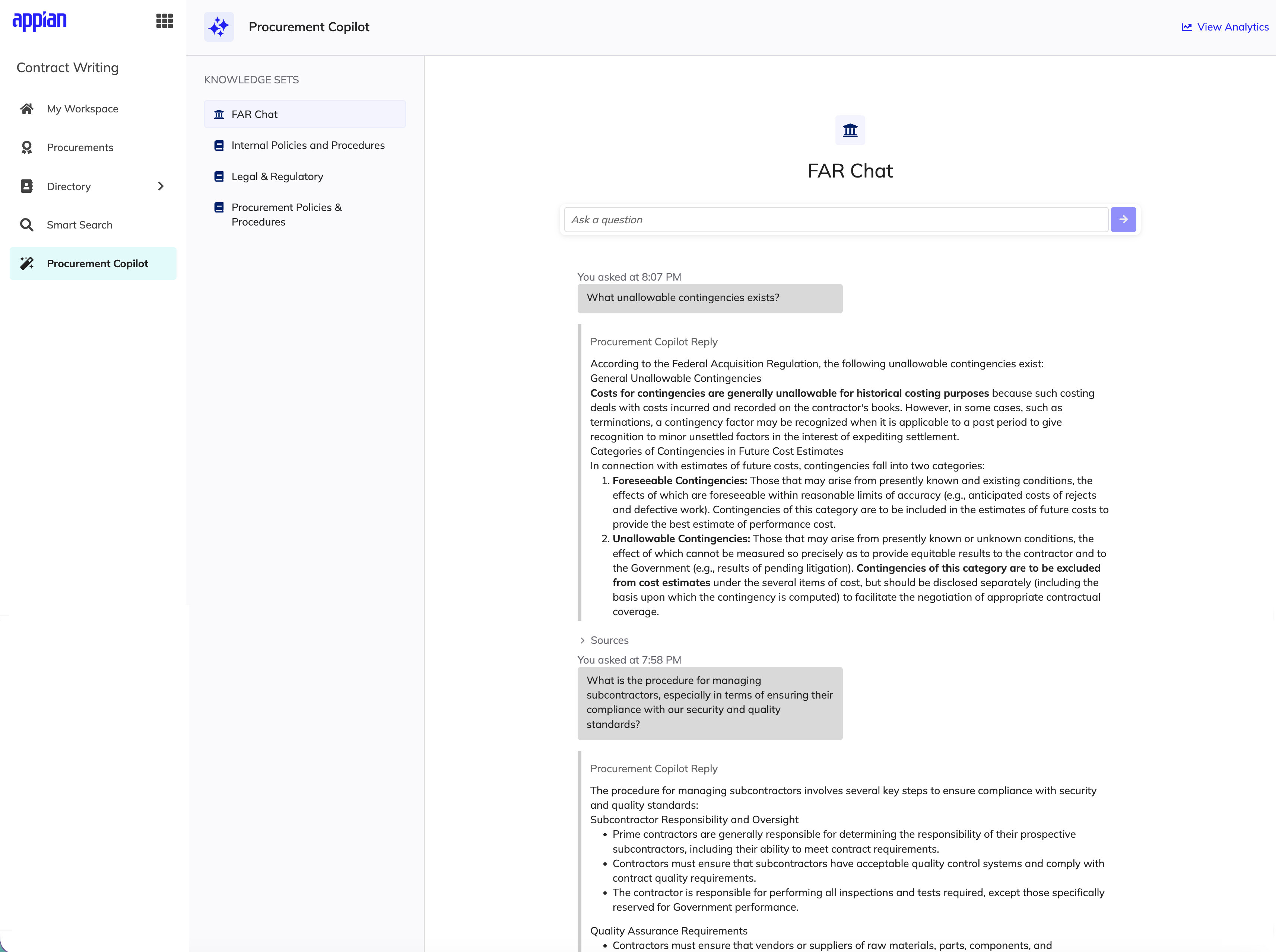 AI Copilot chatbot interface showing knowledge set selection and document-backed answers