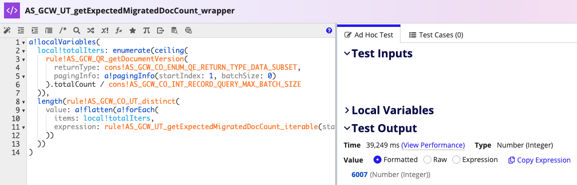 Appian Designer showing the AS_GCW_UT_getExpectedMigratedDocCount_wrapper rule with the returned document count