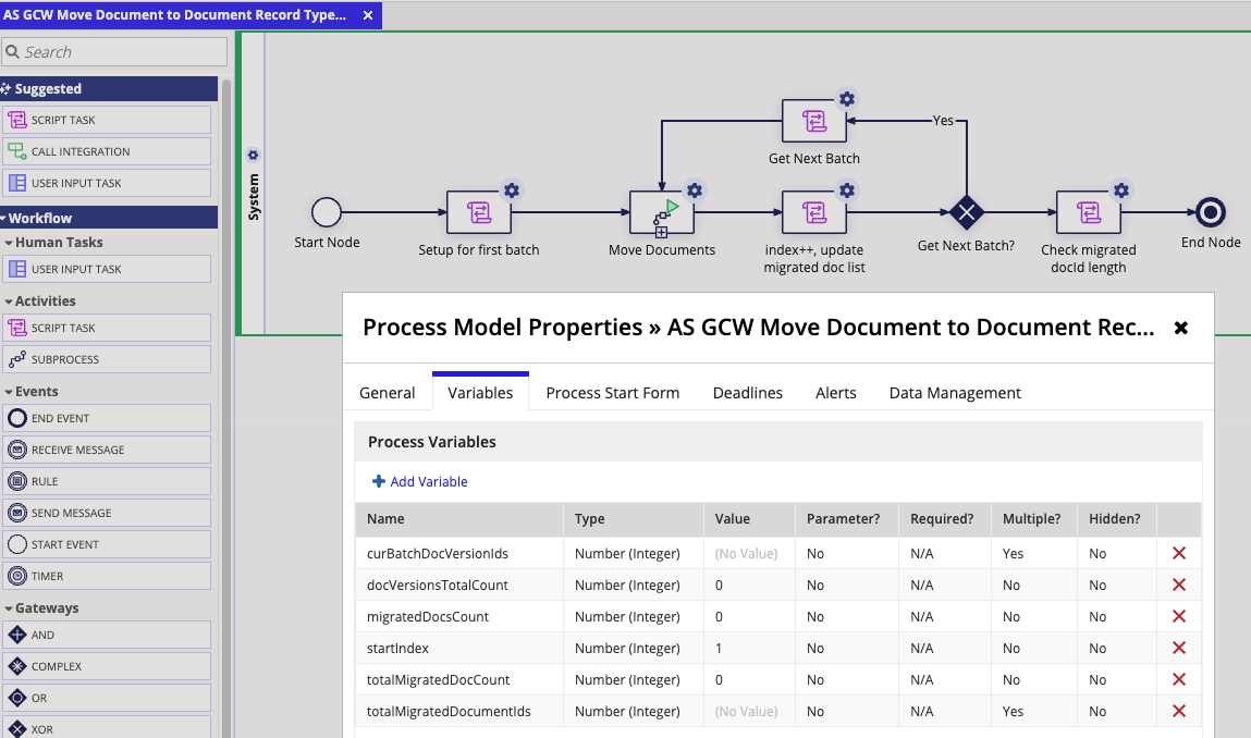 Appian Designer showing the AS GCW Move Document to Document Record Type Folder subprocess with pv!totalMigratedDocCount visible