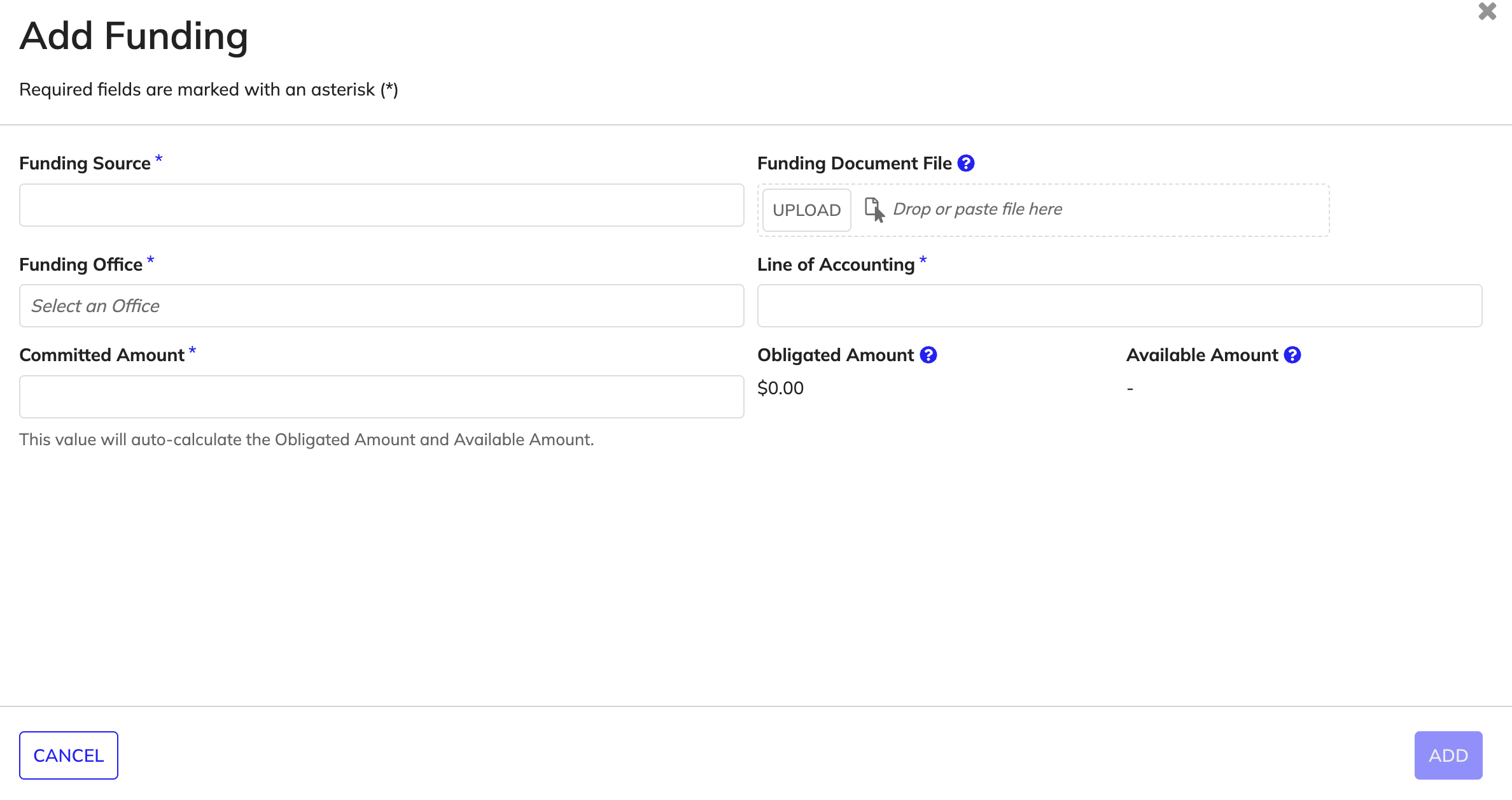 Contract Writing Add Funding dialog showing fields for funding source, funding office, line of accounting, committed amount, and auto-calculated obligated and available amounts