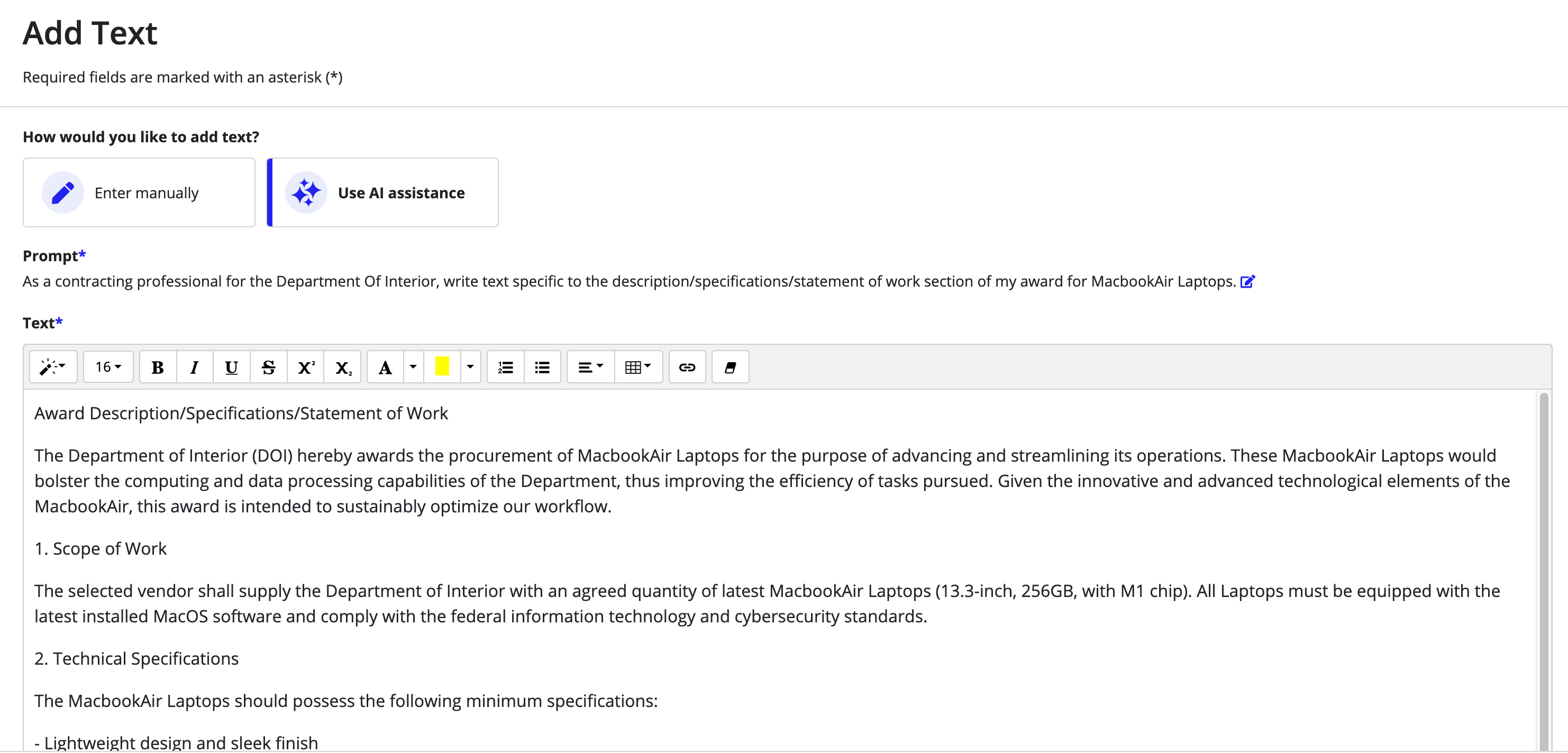Contract text section with AI assistance option for awards