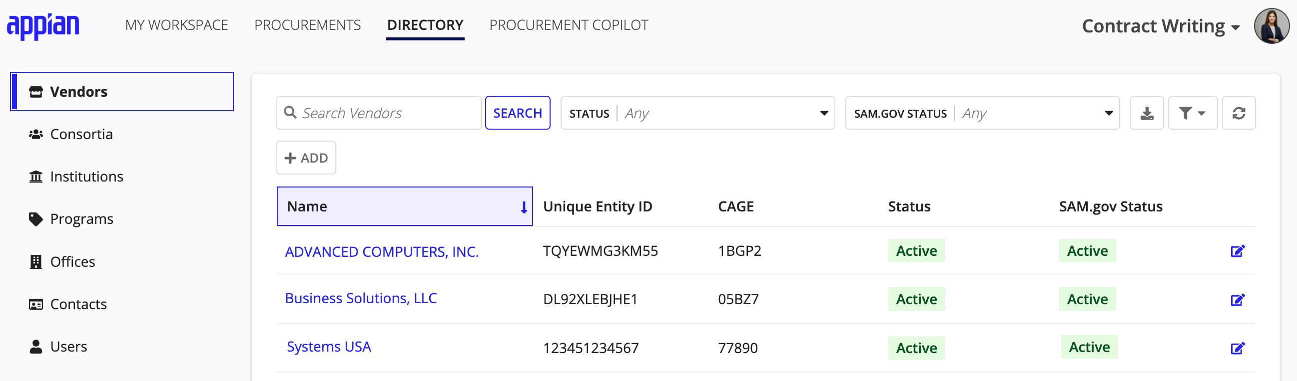 Directory page showing vendor records