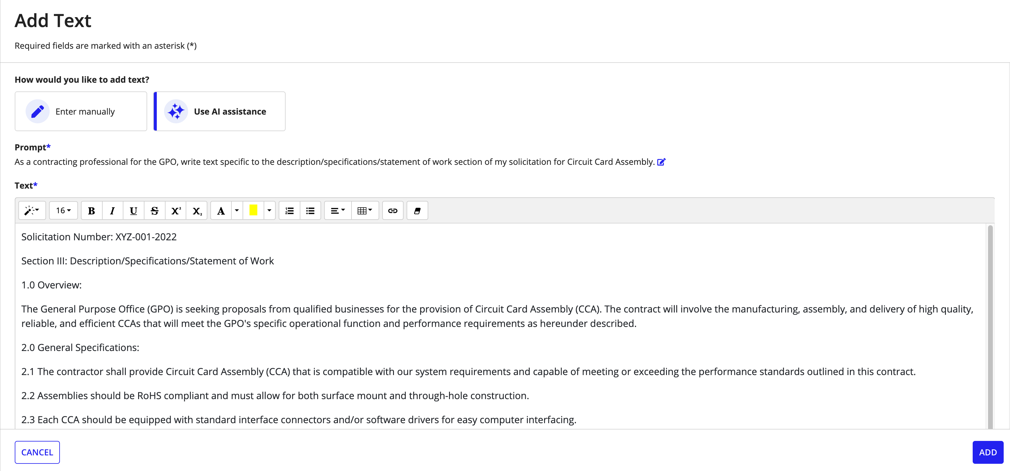 Contract text section with AI assistance option for solicitations