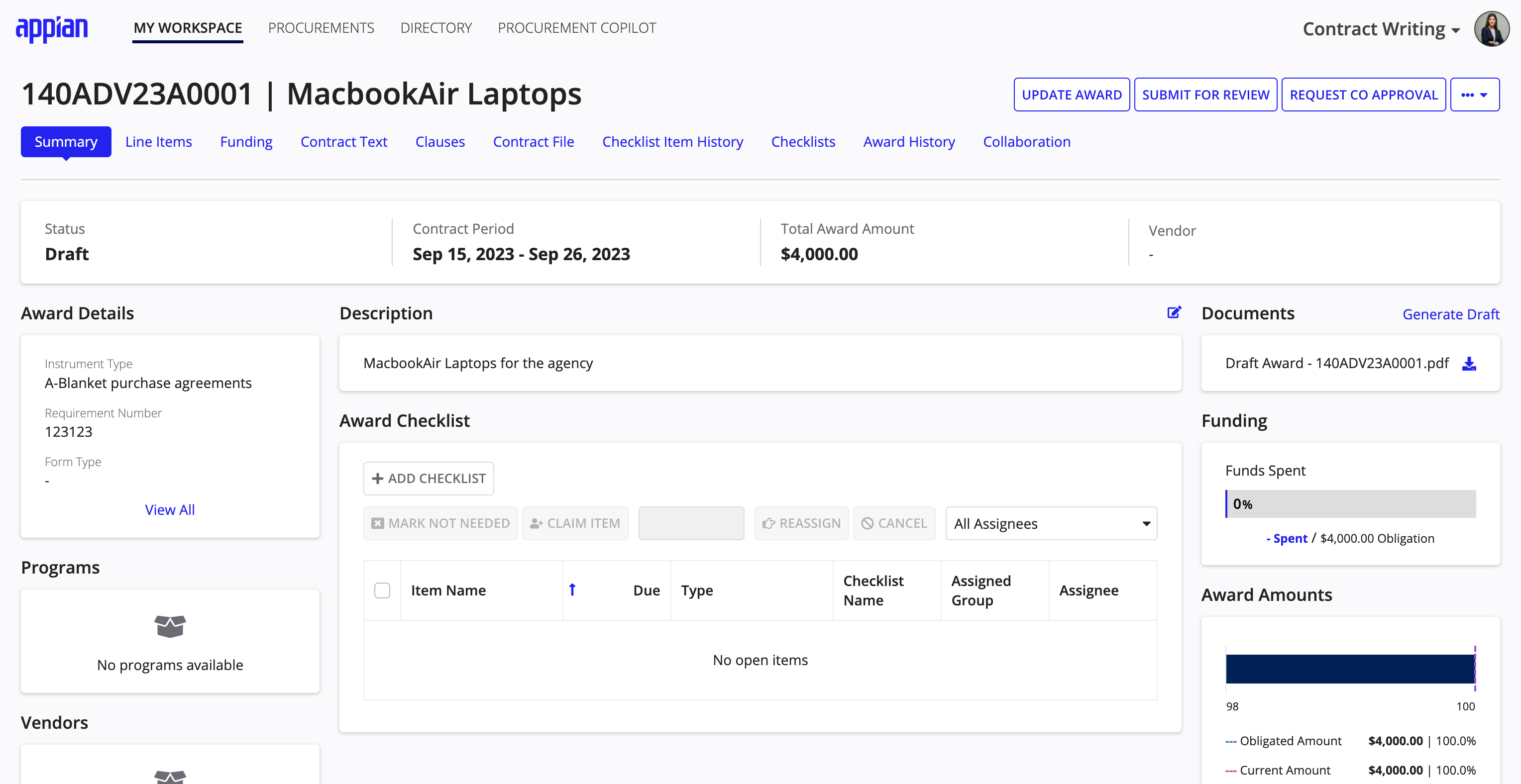 Award summary view showing details, vendor, and actions