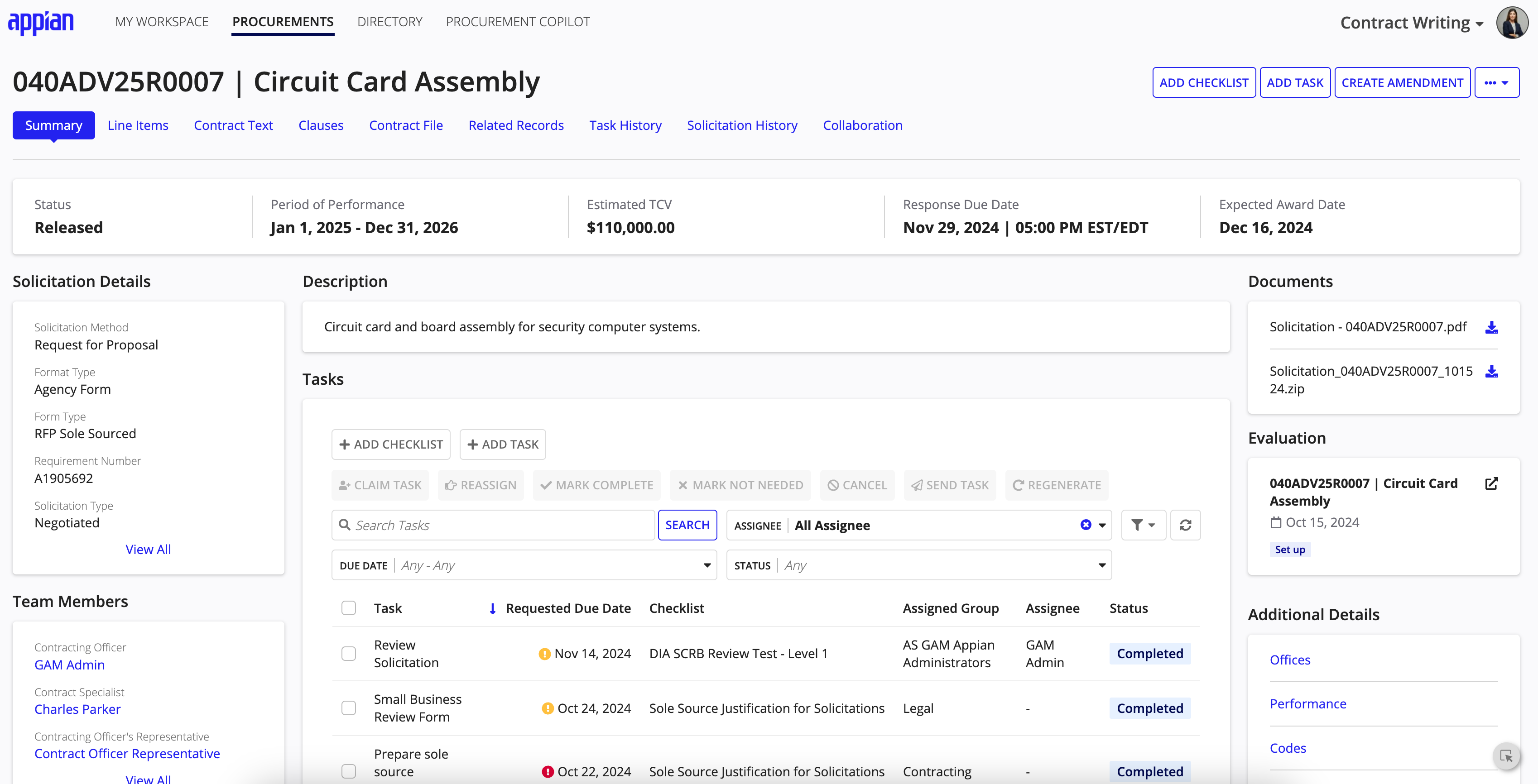 Solicitation summary view showing status, description, and actions