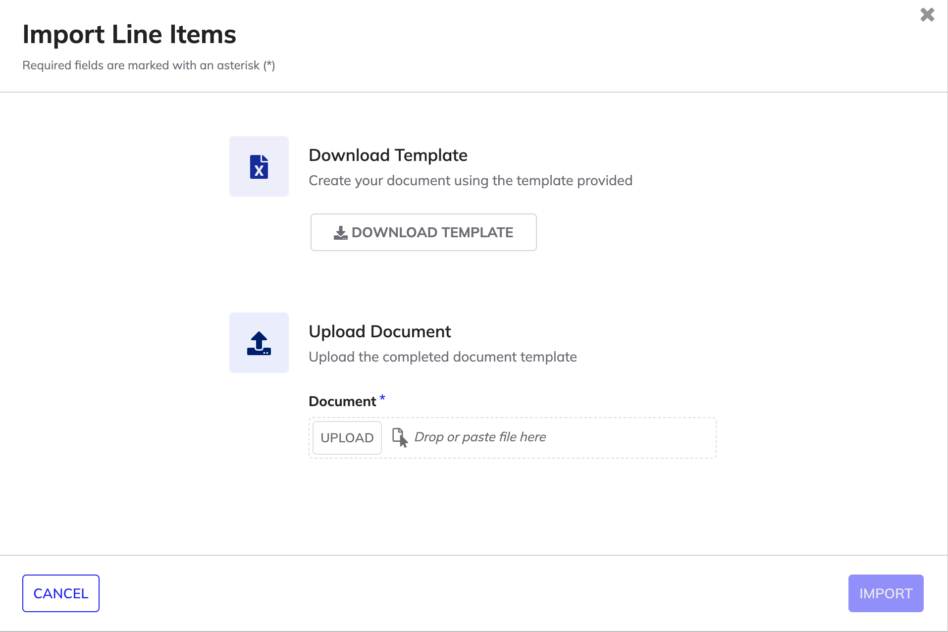 The Import Line Items dialog in Contract Writing showing the Download Template option and the upload area for the completed Excel file.