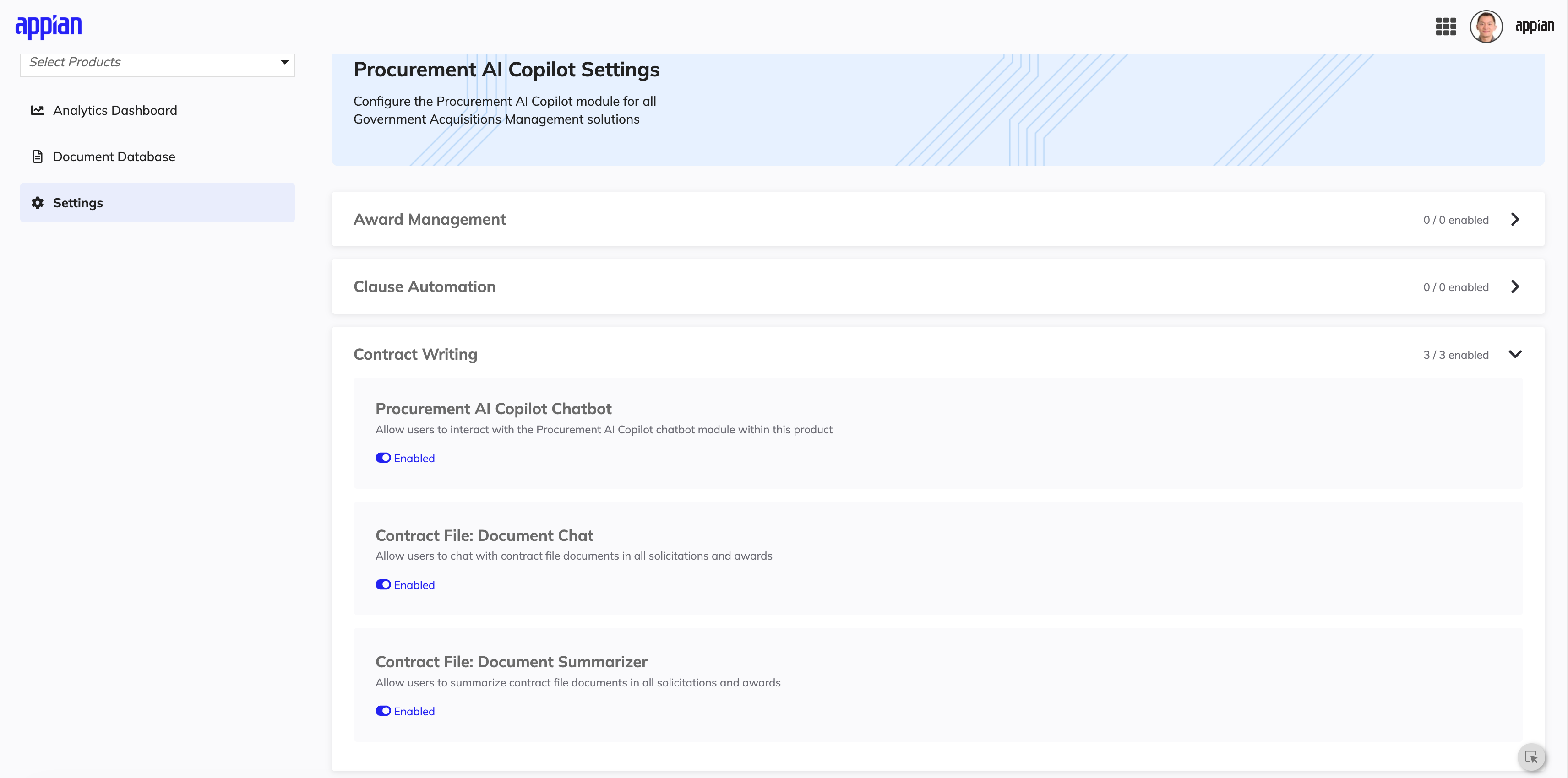 Procurement AI Copilot settings page with feature toggles