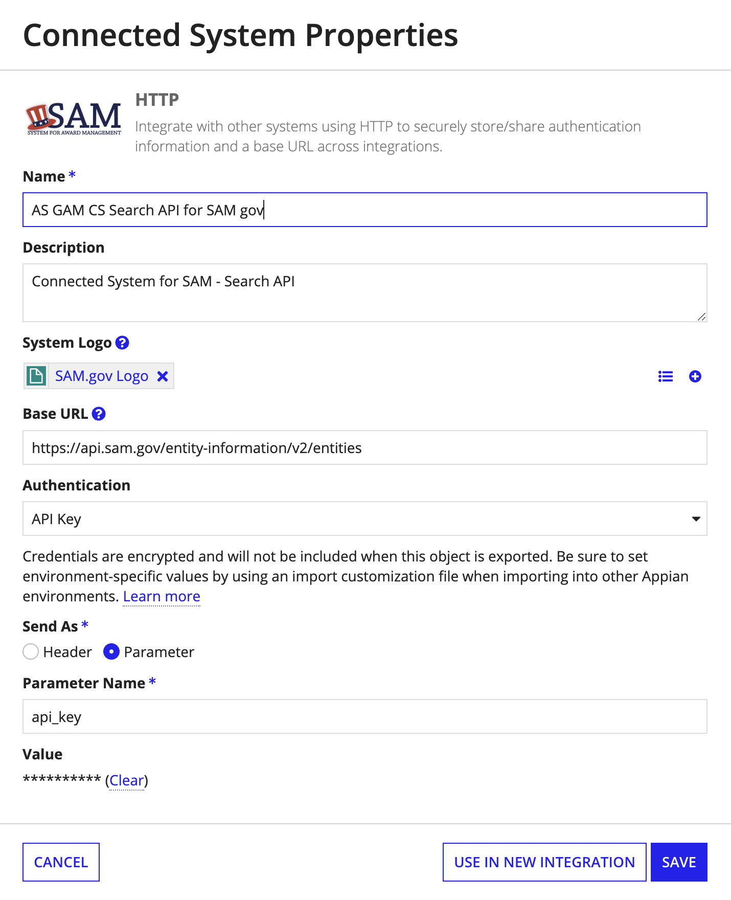 Connected system configuration with SAM.gov API key