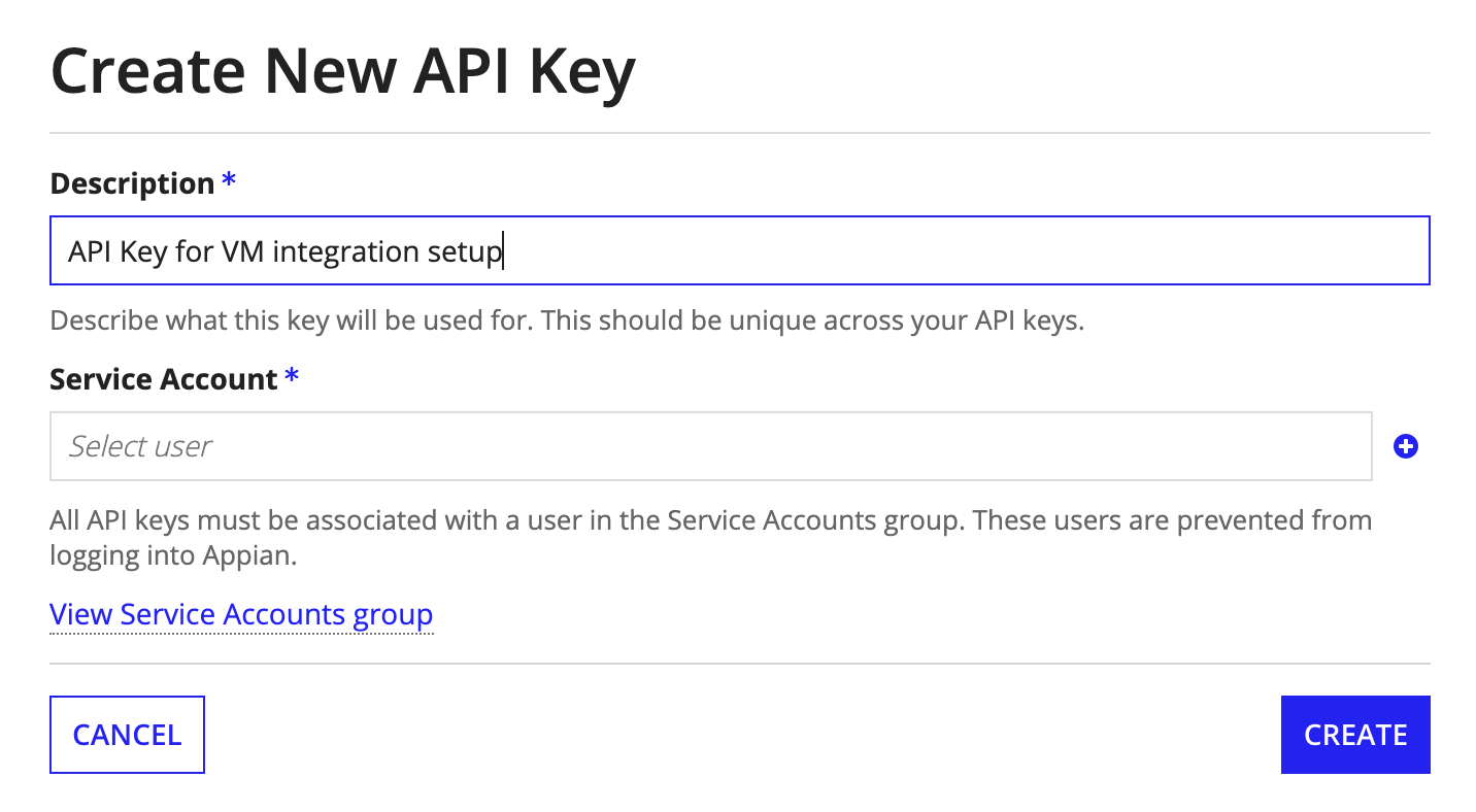 Create API key dialog in Vendor Management