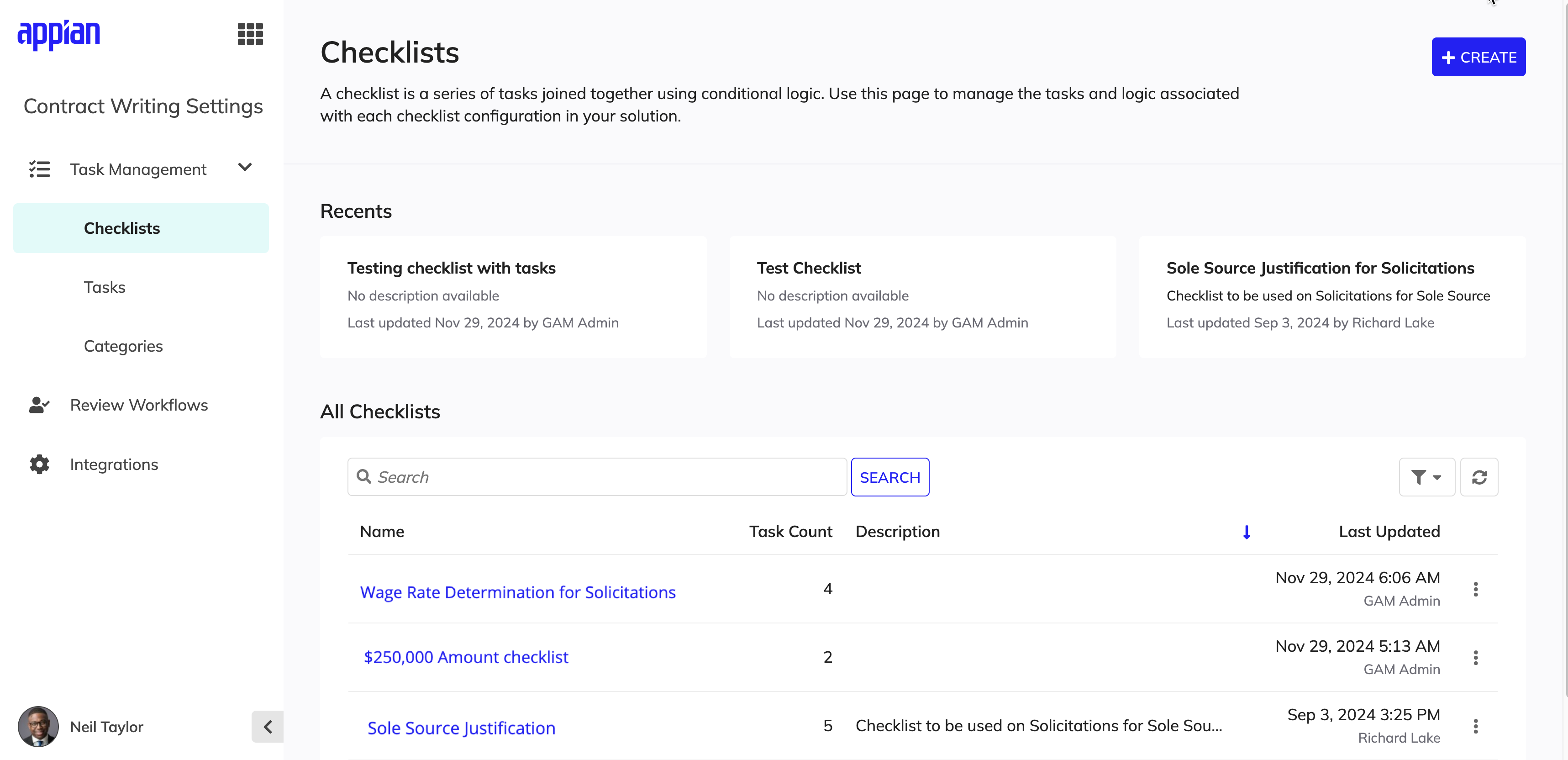 Contract Writing Settings site for managing checklists and workflows