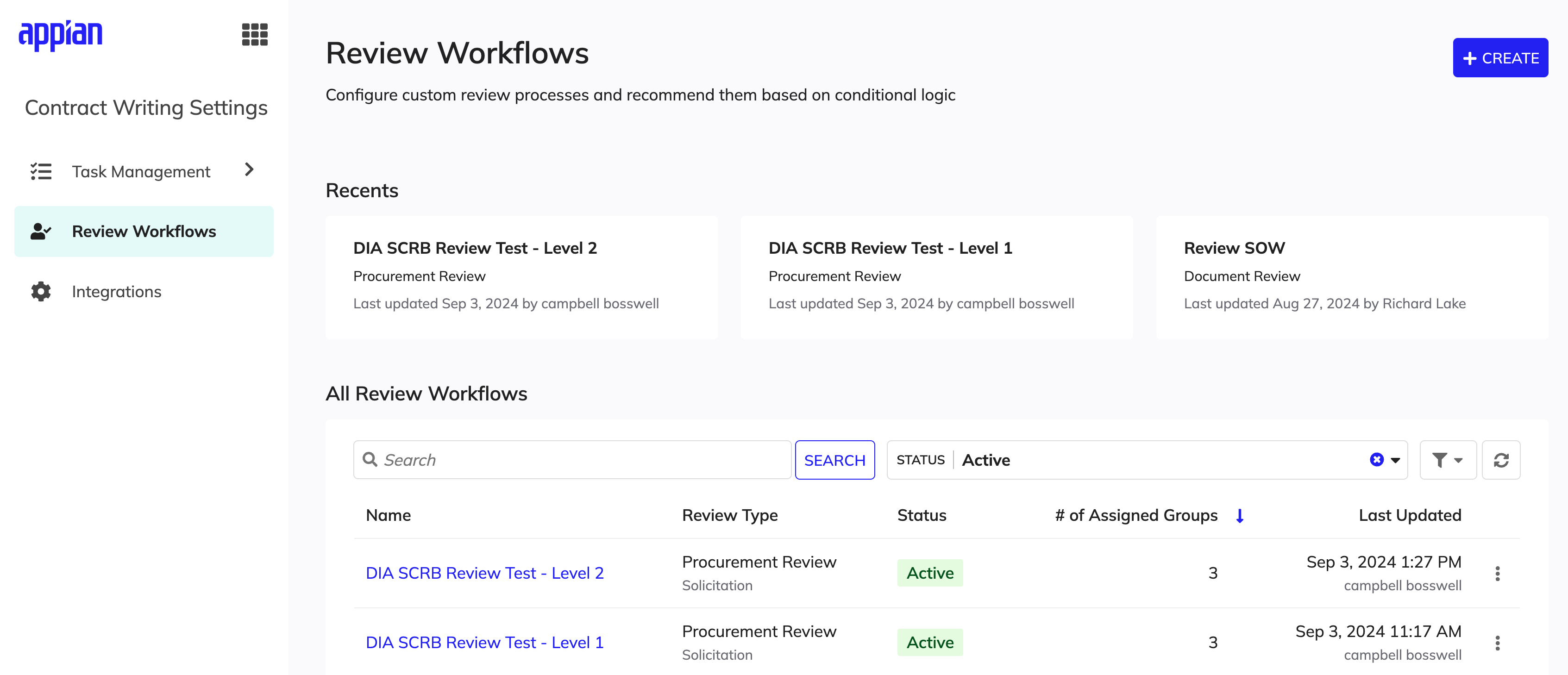 Contract Writing configurable review workflow assignment interface