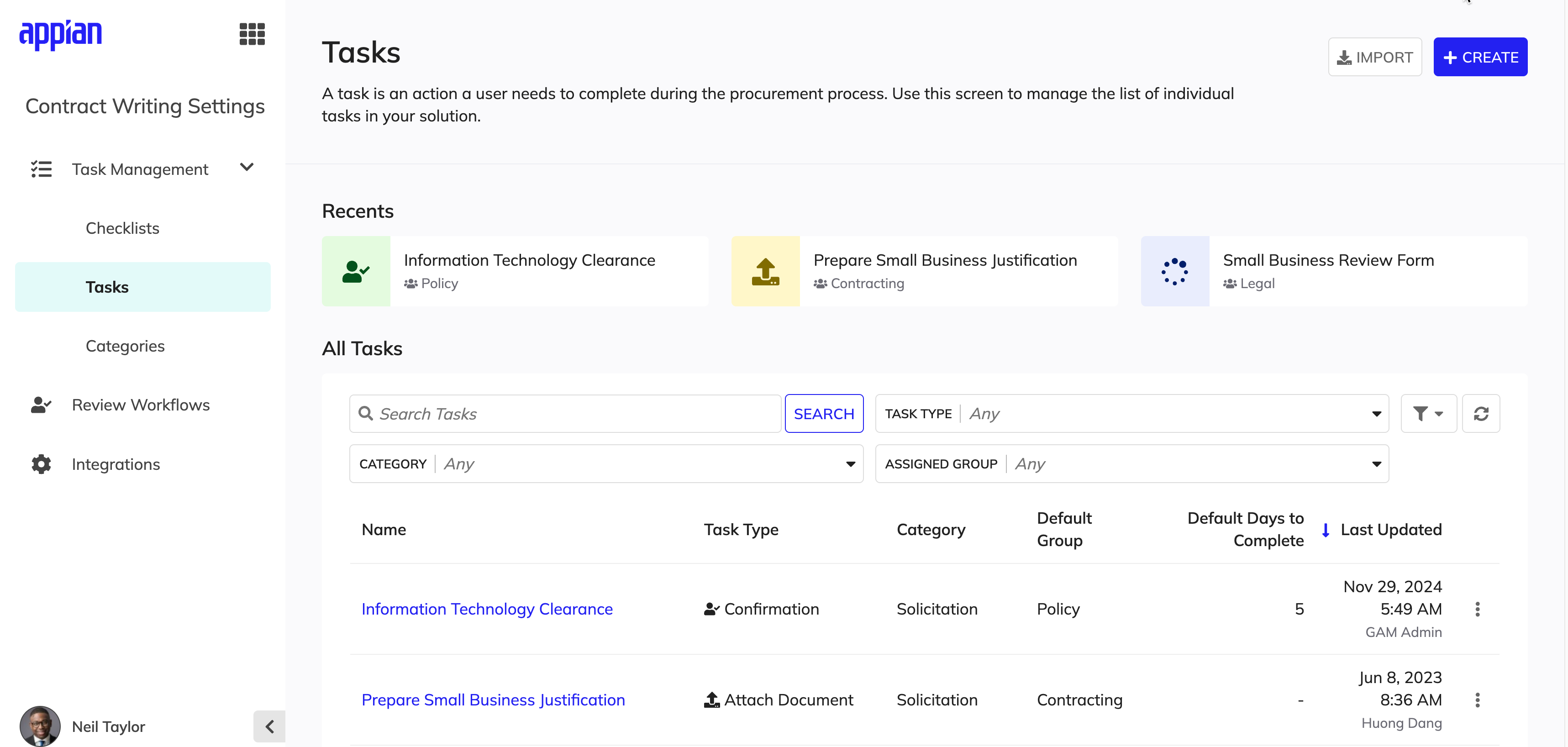 Contract Writing task management interface showing assigned checklist items