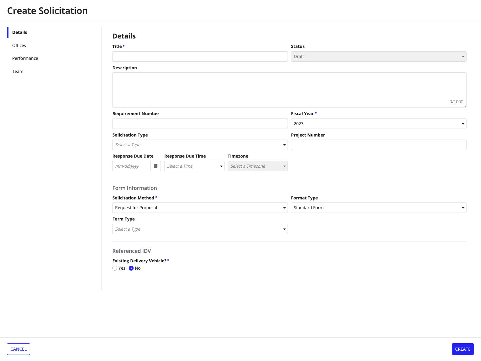 Contract Writing guided data collection wizard showing solicitation creation form