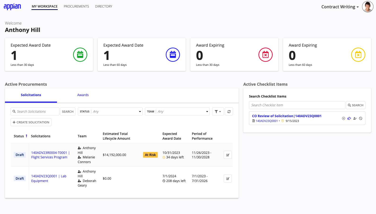 Contract Writing main workspace showing active procurements and tasks