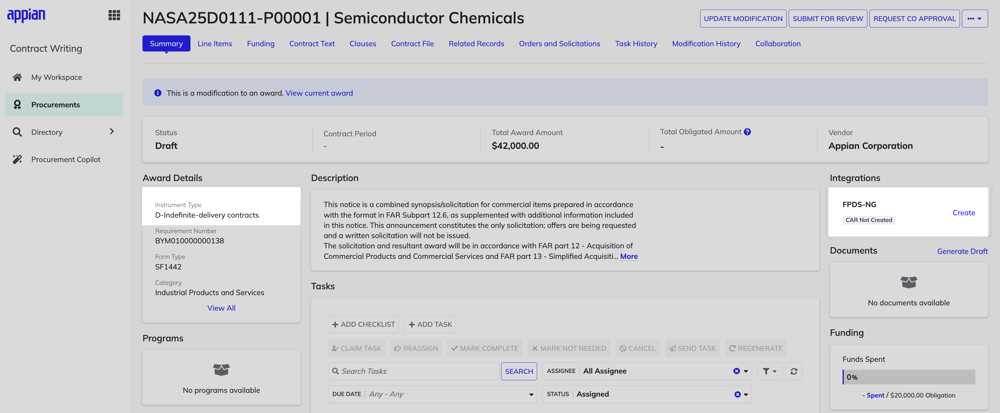 Contract Writing FPDS-NG integration showing Contract Action Report creation
