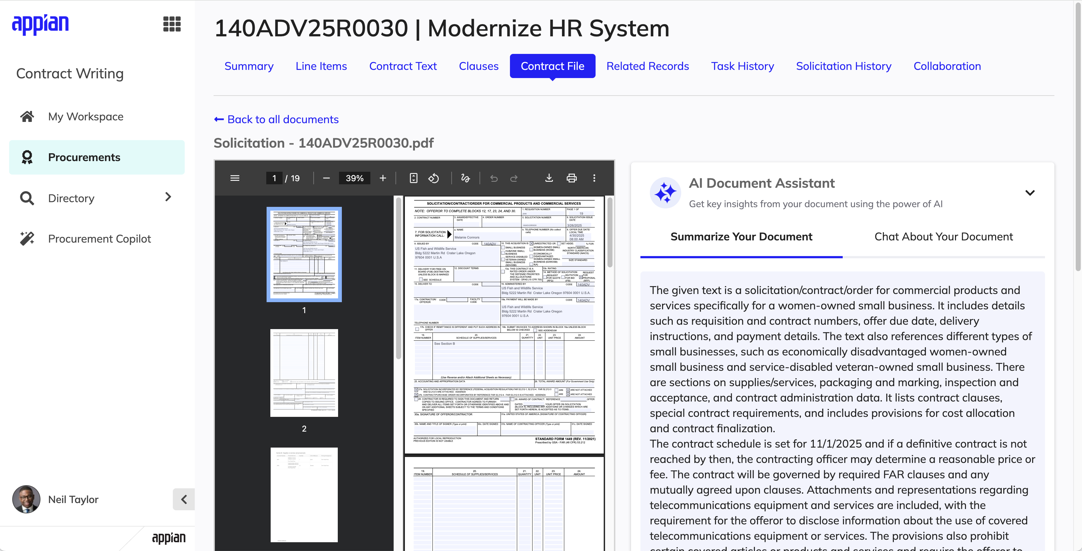 AI Document Assistant summarizing contract document contents