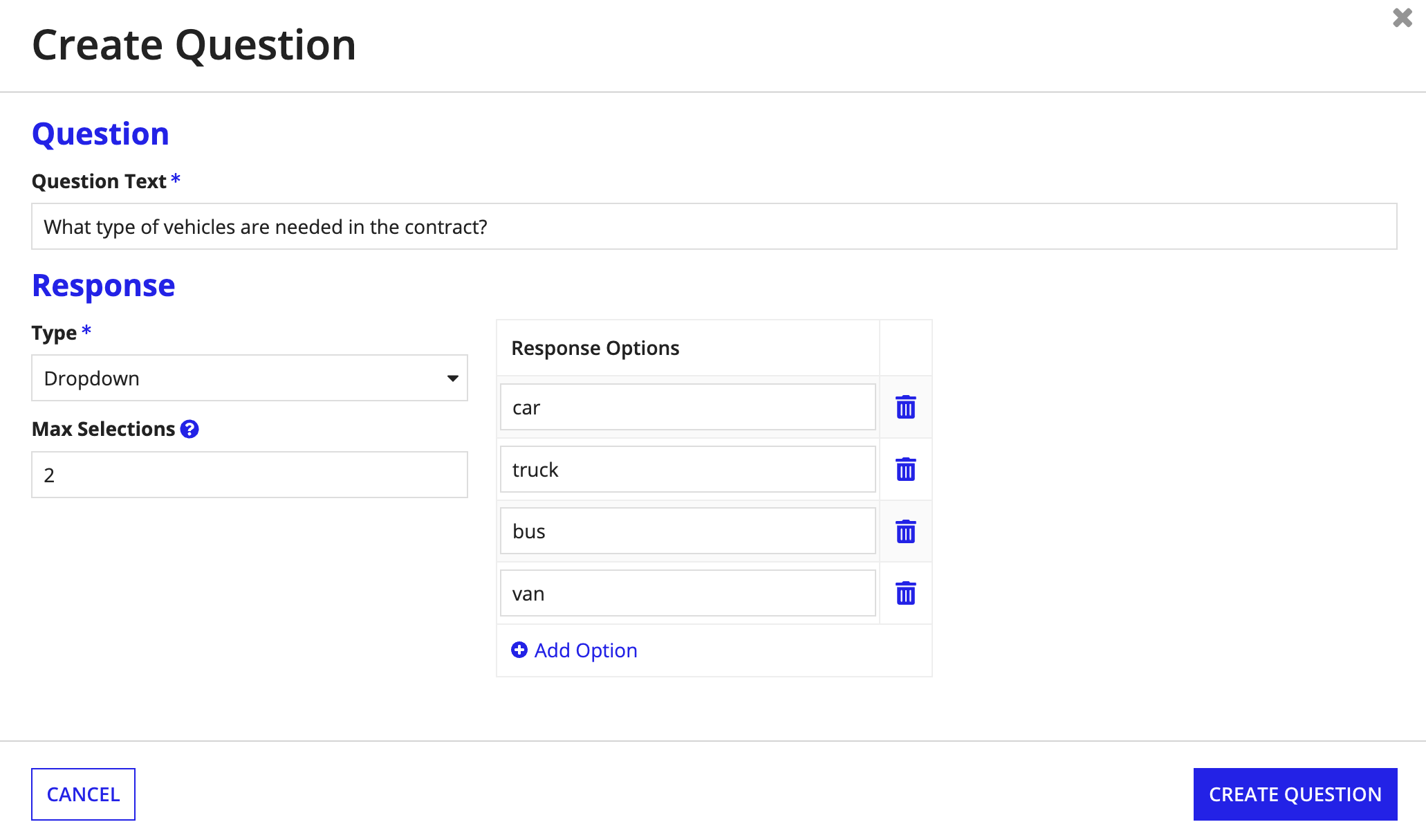 Create Question form with question text field and type selector