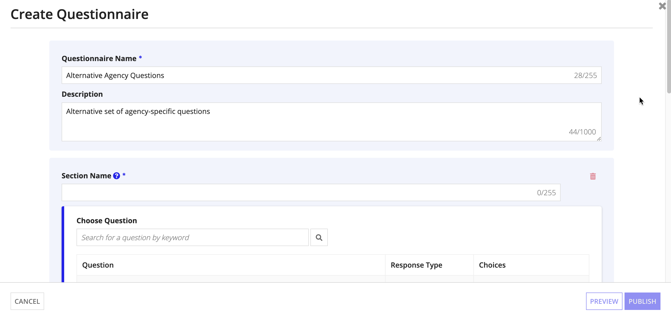 Create Questionnaire form with fields for questionnaire name and description