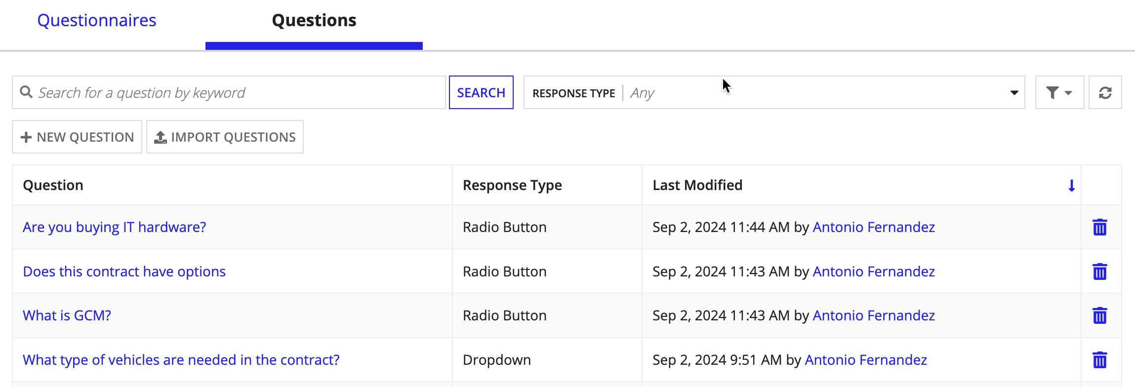 Questions tab with filter dropdown, search field, New Question and Import Questions buttons