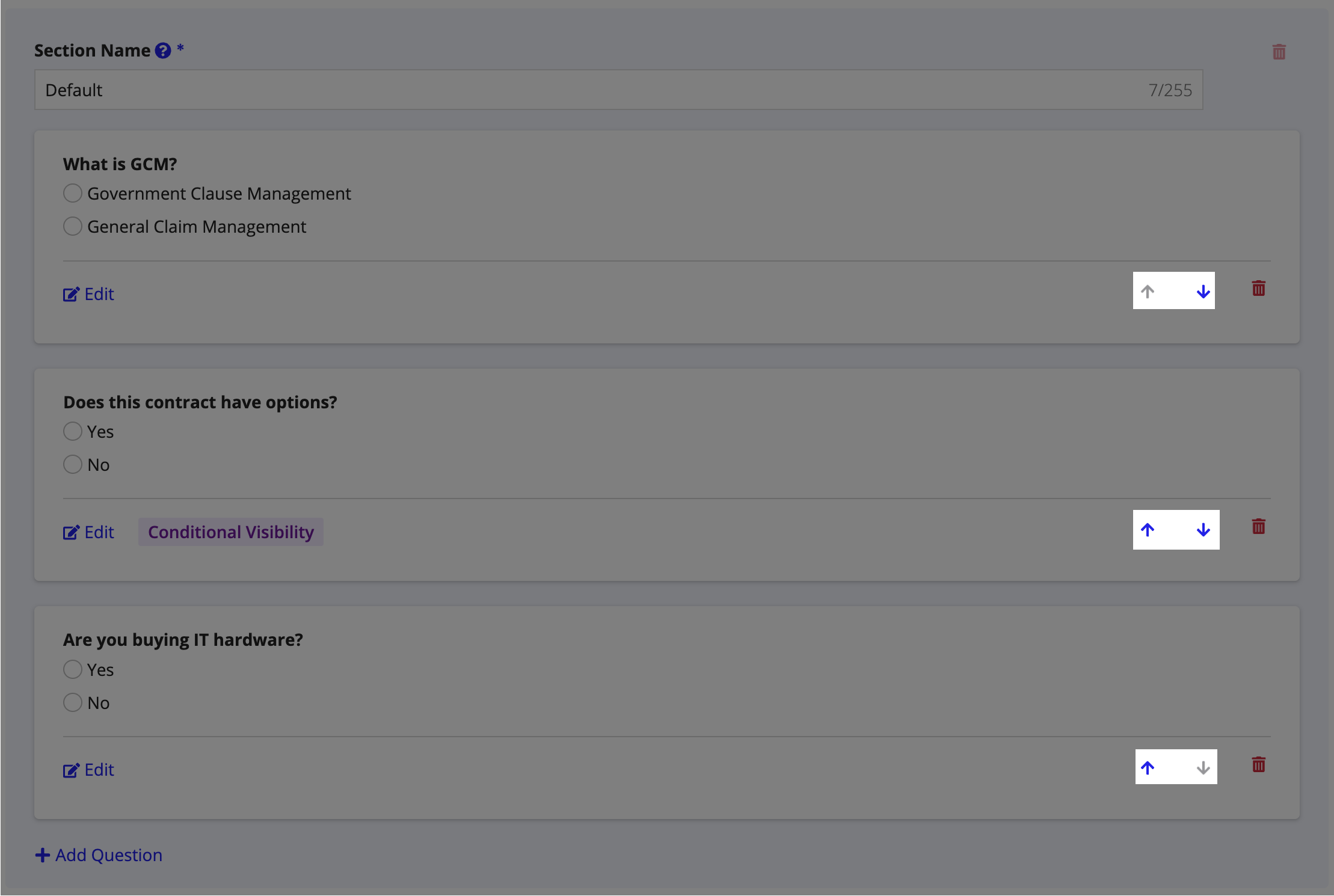 Question reordering controls with up and down arrows