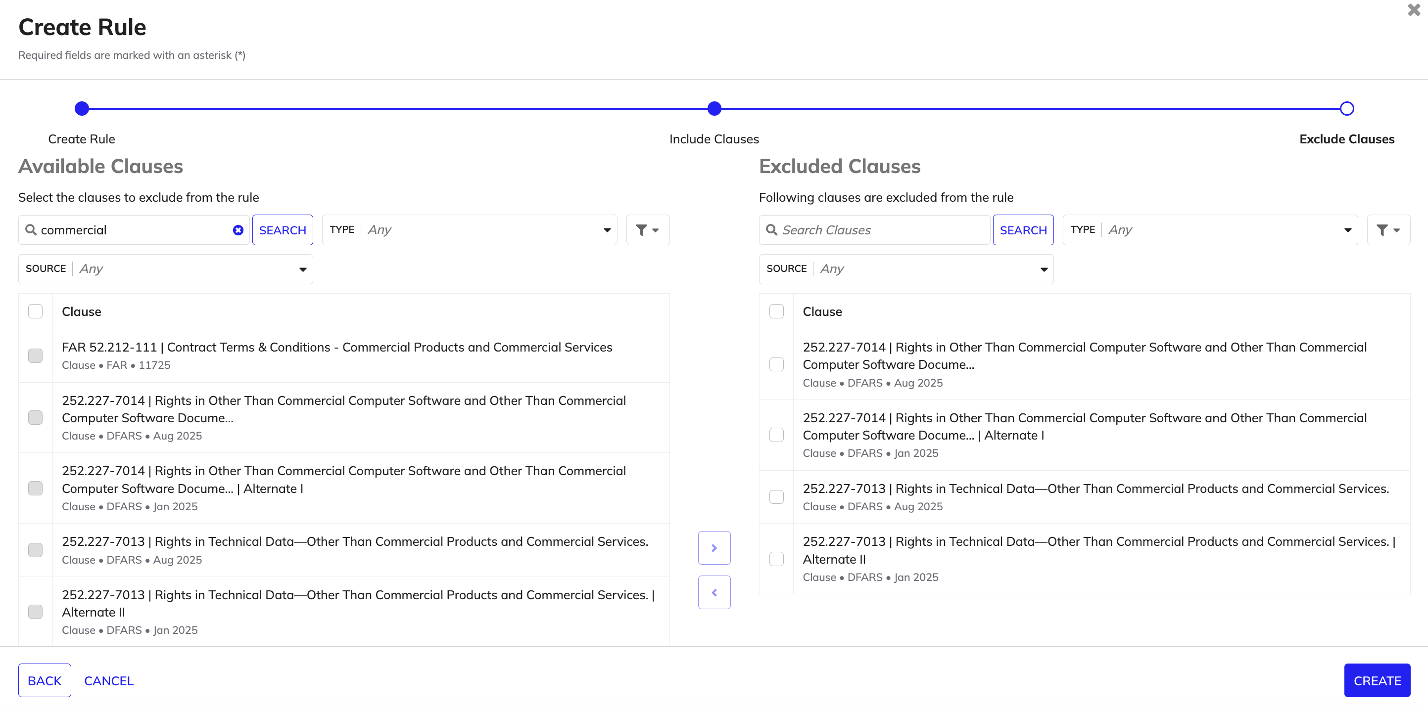 Selected clauses for exclusion in Create Rule wizard