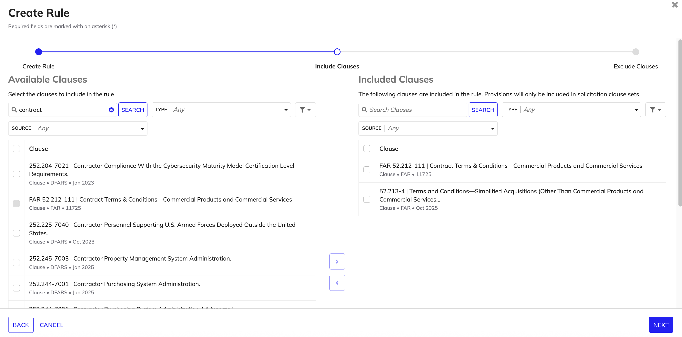 Selected clauses for inclusion in Create Rule wizard