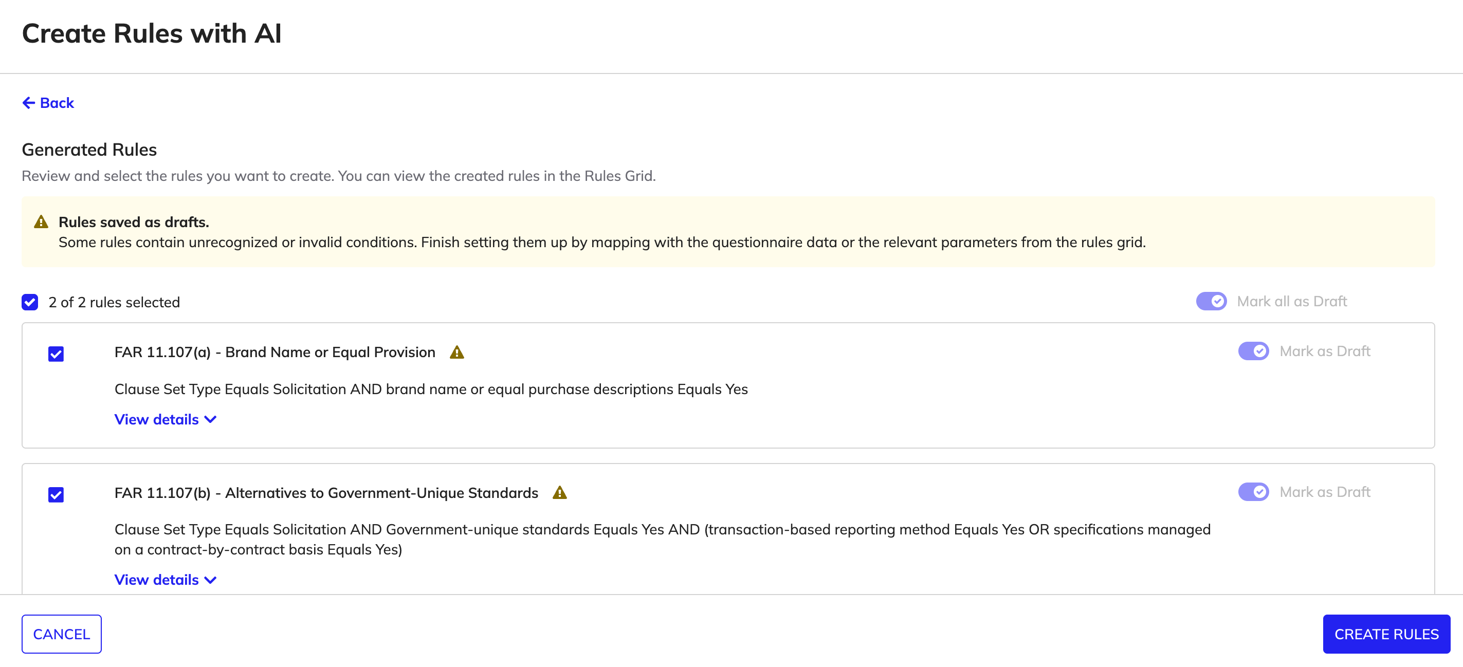 AI-generated rule review screen