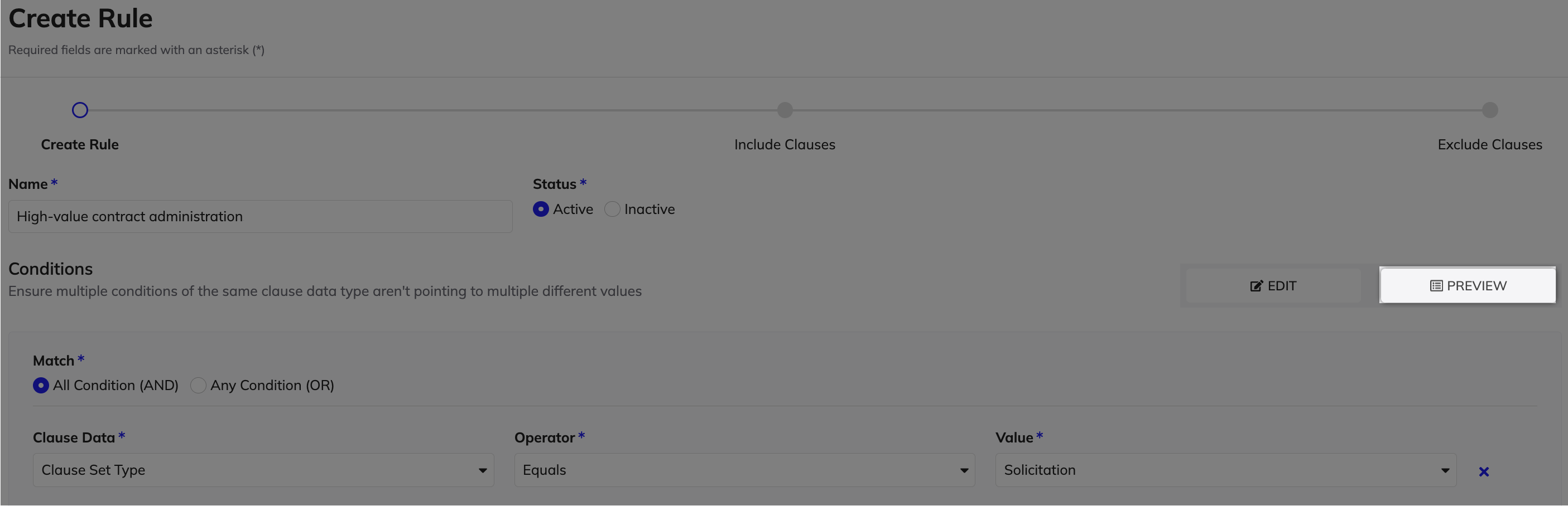 Preview button in the Create Rule wizard