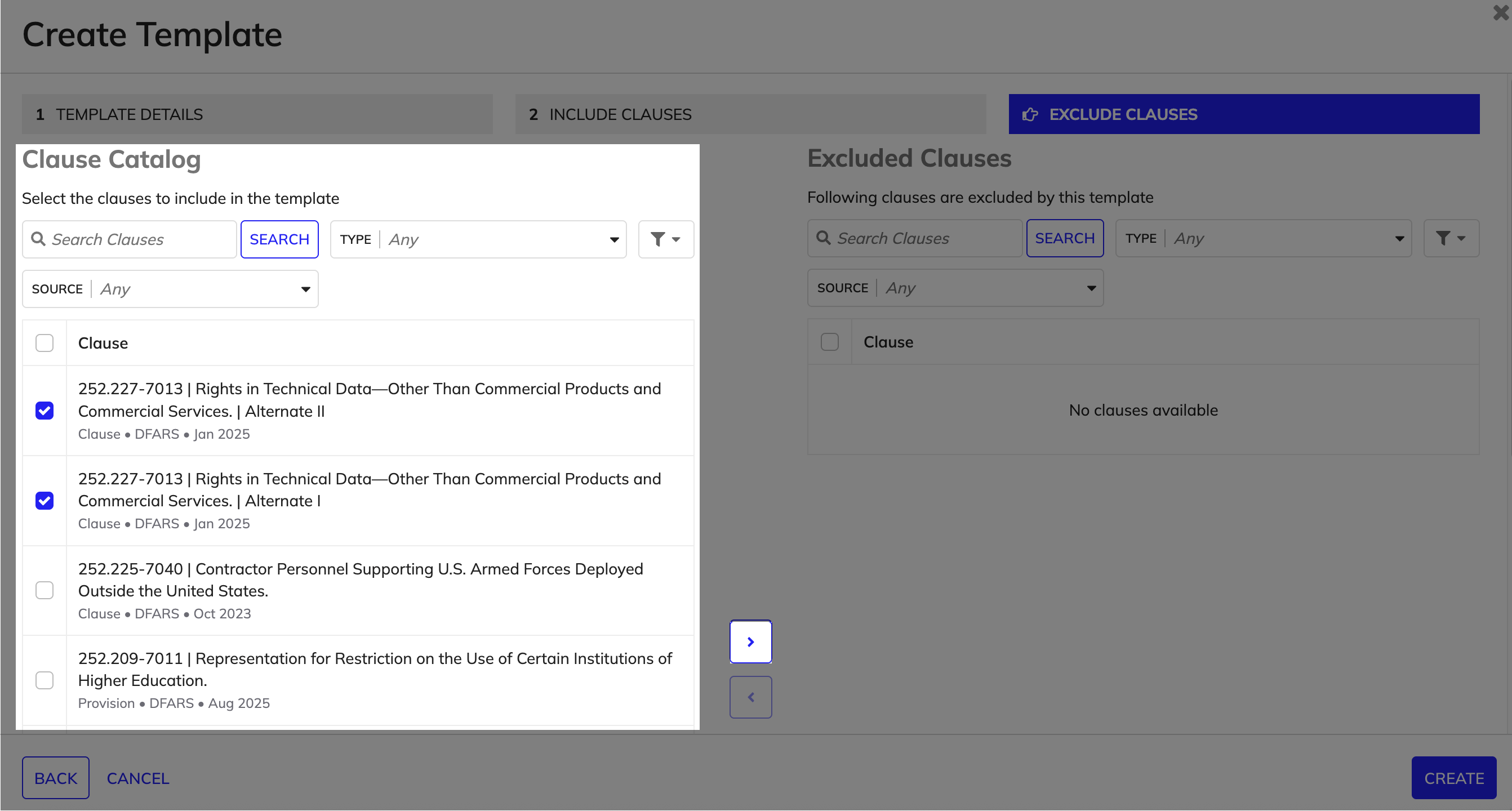 Select the exclude clauses in the Create Template wizard