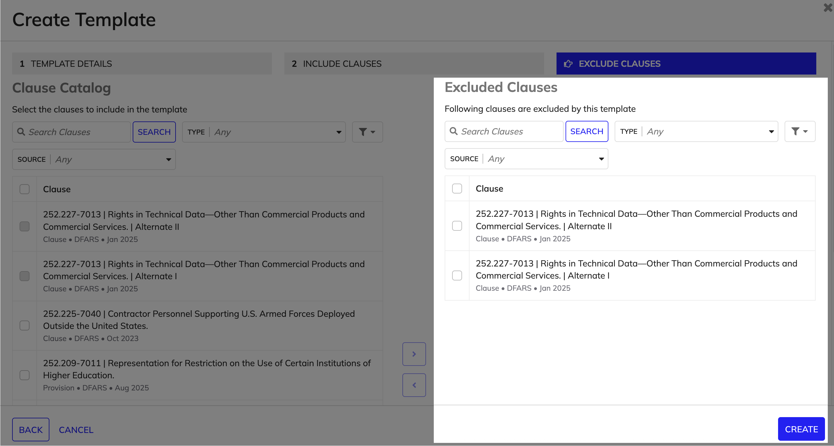 Selected clauses appearing in the Excluded Clauses section in the Create Template wizard