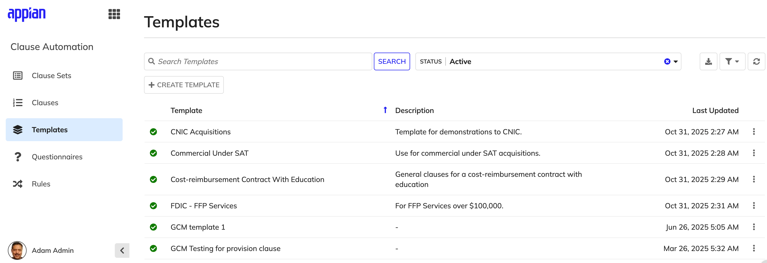 Templates list in GCA
