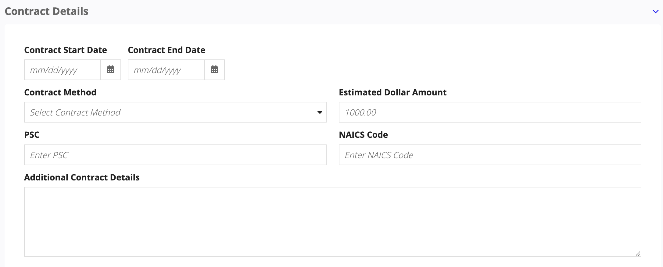 Contract details section with fields for dates, method, dollar amount, PSC and NAICS codes
