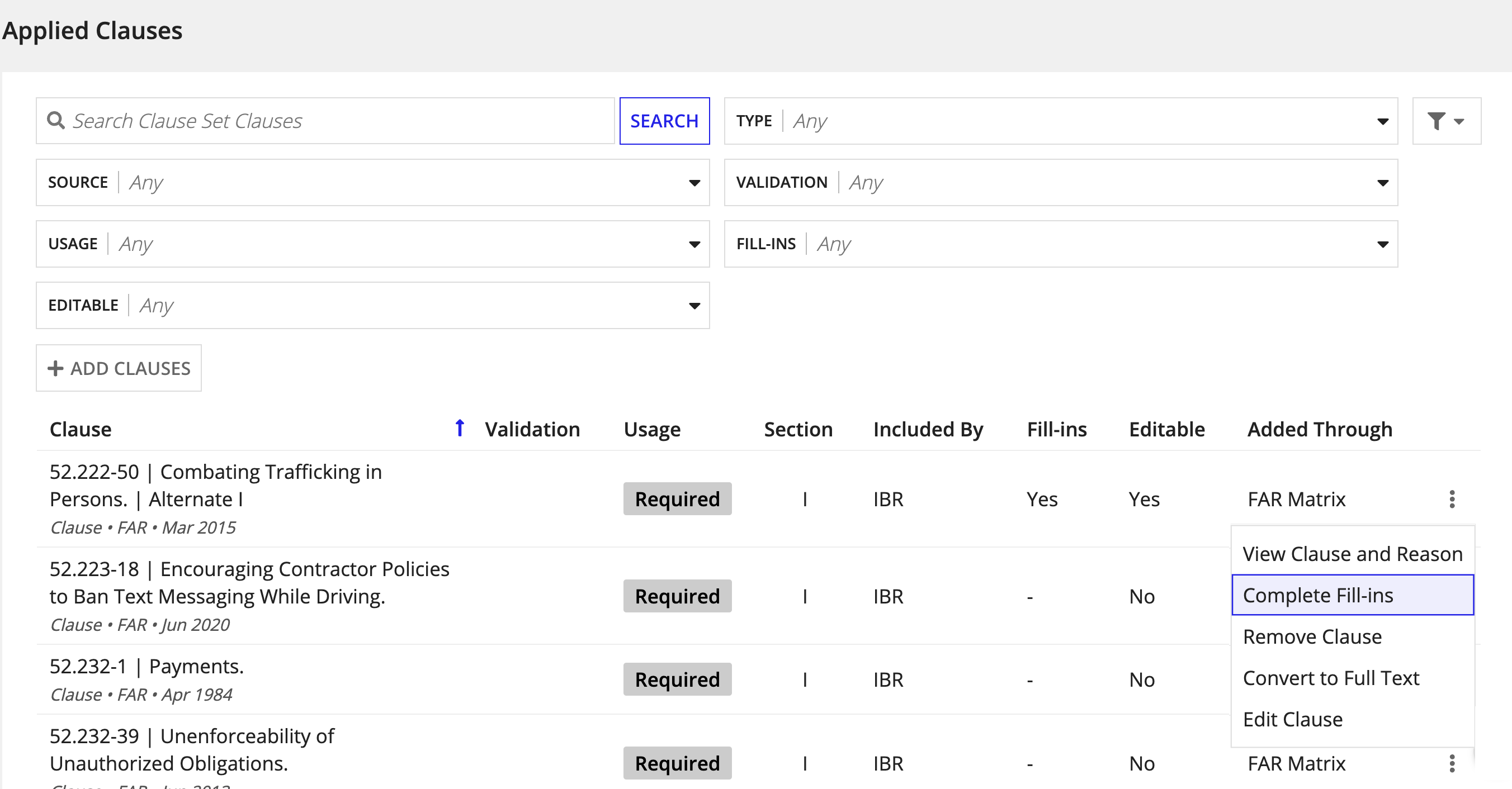 Complete Fill-ins option in the Applied Clauses list ellipsis menu